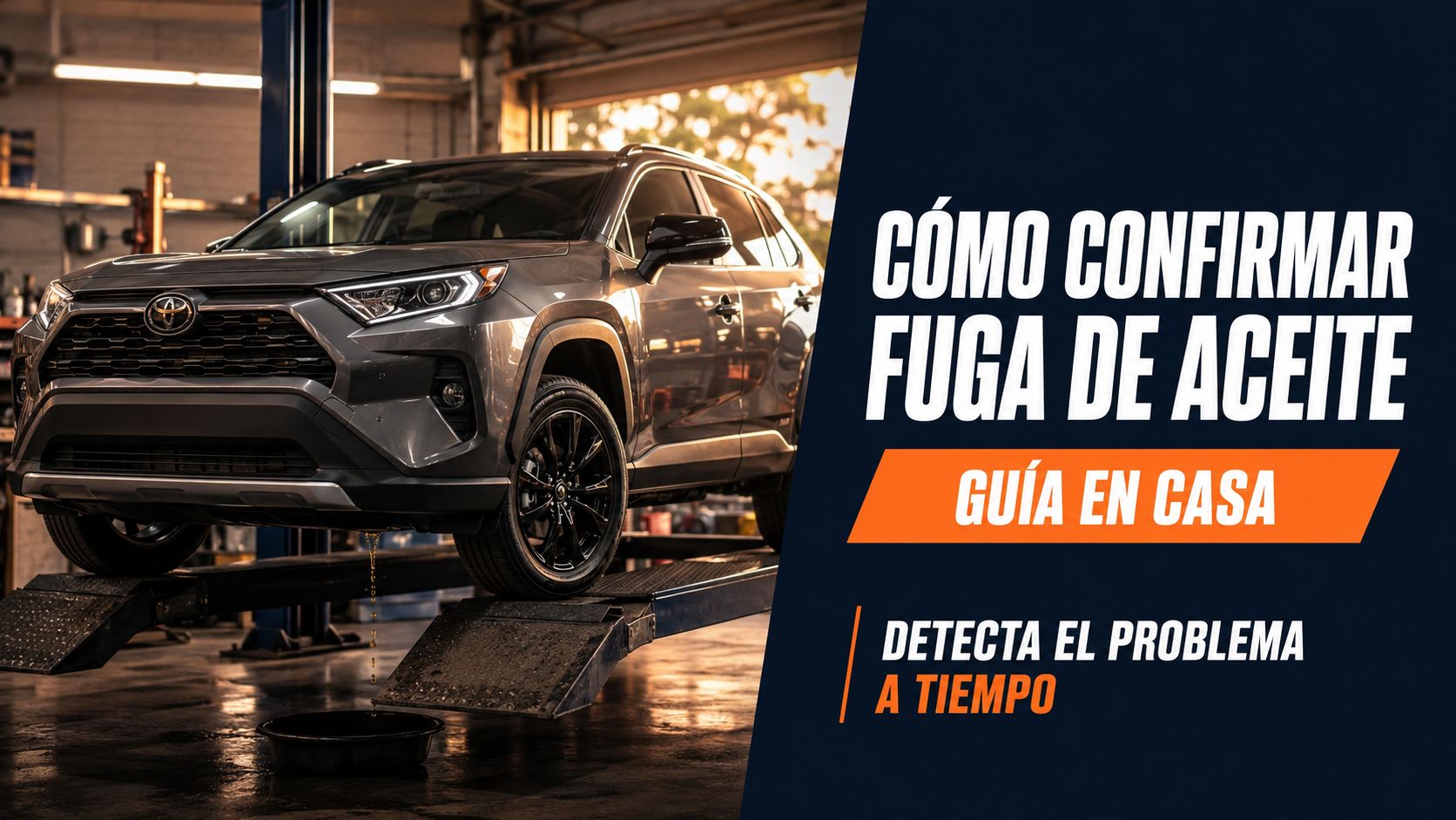 Un automóvil elevado en un taller mecánico realizando una inspección técnica para detectar una fuga de aceite.