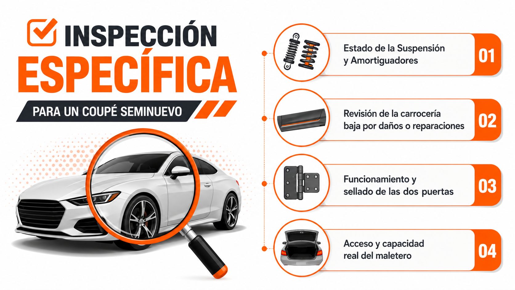 Gráfico informativo sobre los puntos clave para realizar una inspección técnica a un automóvil coupé seminuevo.