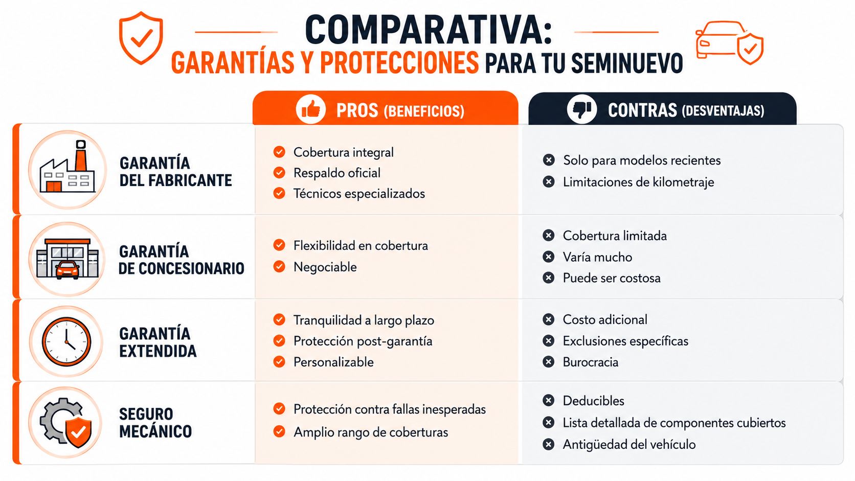 Tabla comparativa de garantías y protecciones para la compra de vehículos seminuevos, detallando beneficios y desventajas.
