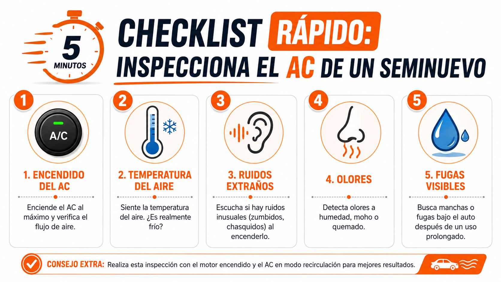 Infografía con cinco pasos rápidos para inspeccionar el aire acondicionado de un automóvil usado antes de comprarlo.