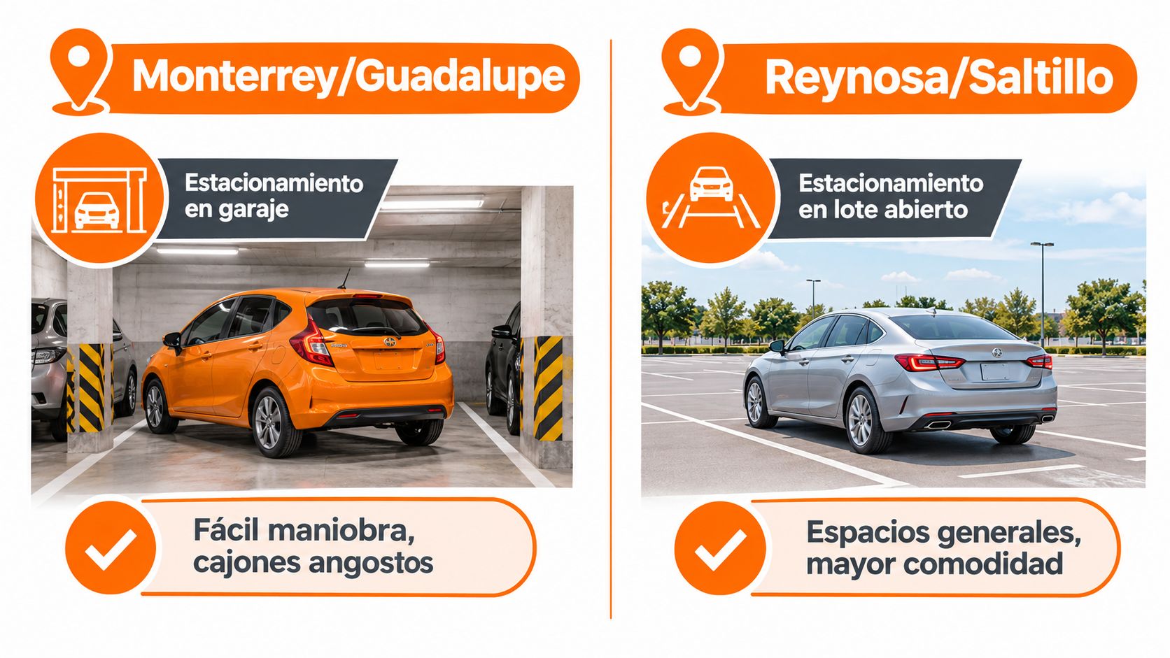 Comparación visual entre estacionamiento techado en Monterrey y un lote abierto en Reynosa y Saltillo.