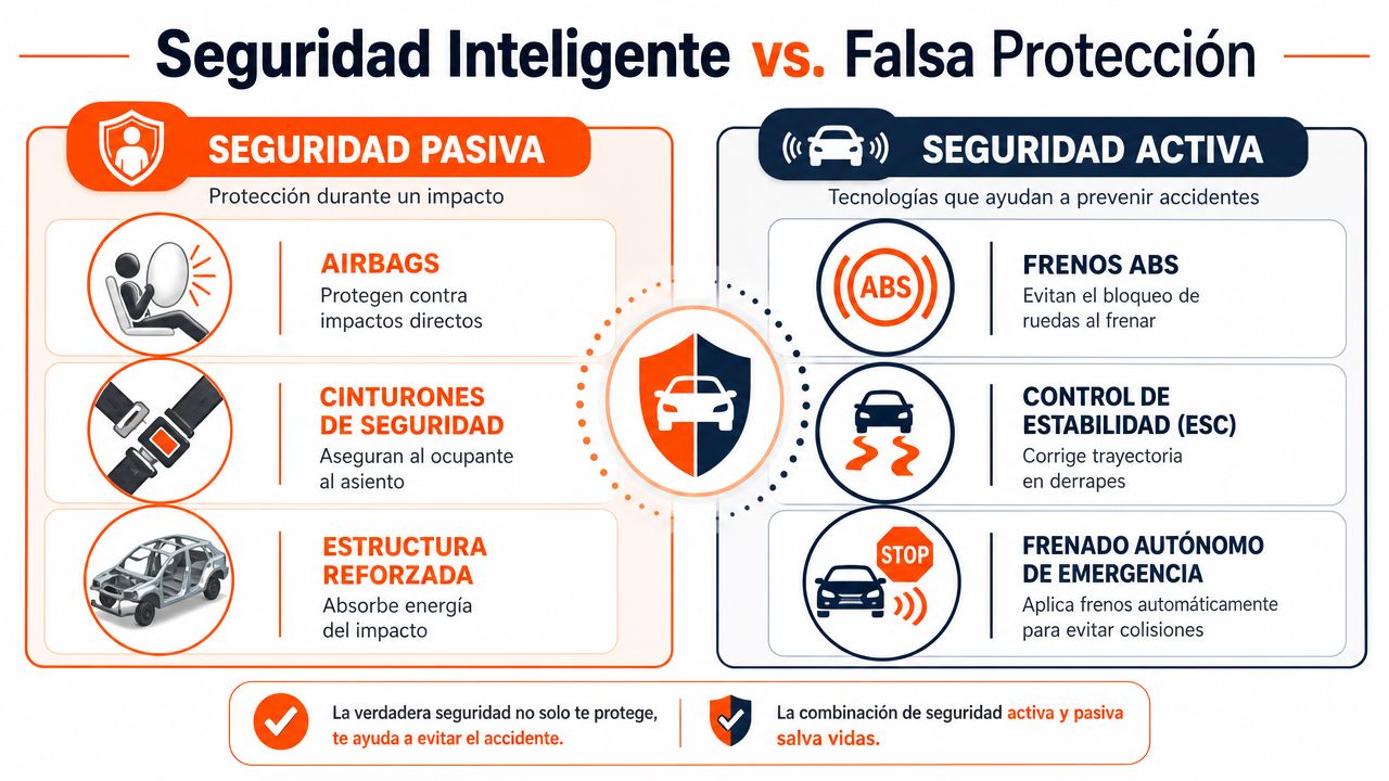 Infografía comparativa entre sistemas de seguridad activa y pasiva para explicar cómo prevenir accidentes automovilísticos.