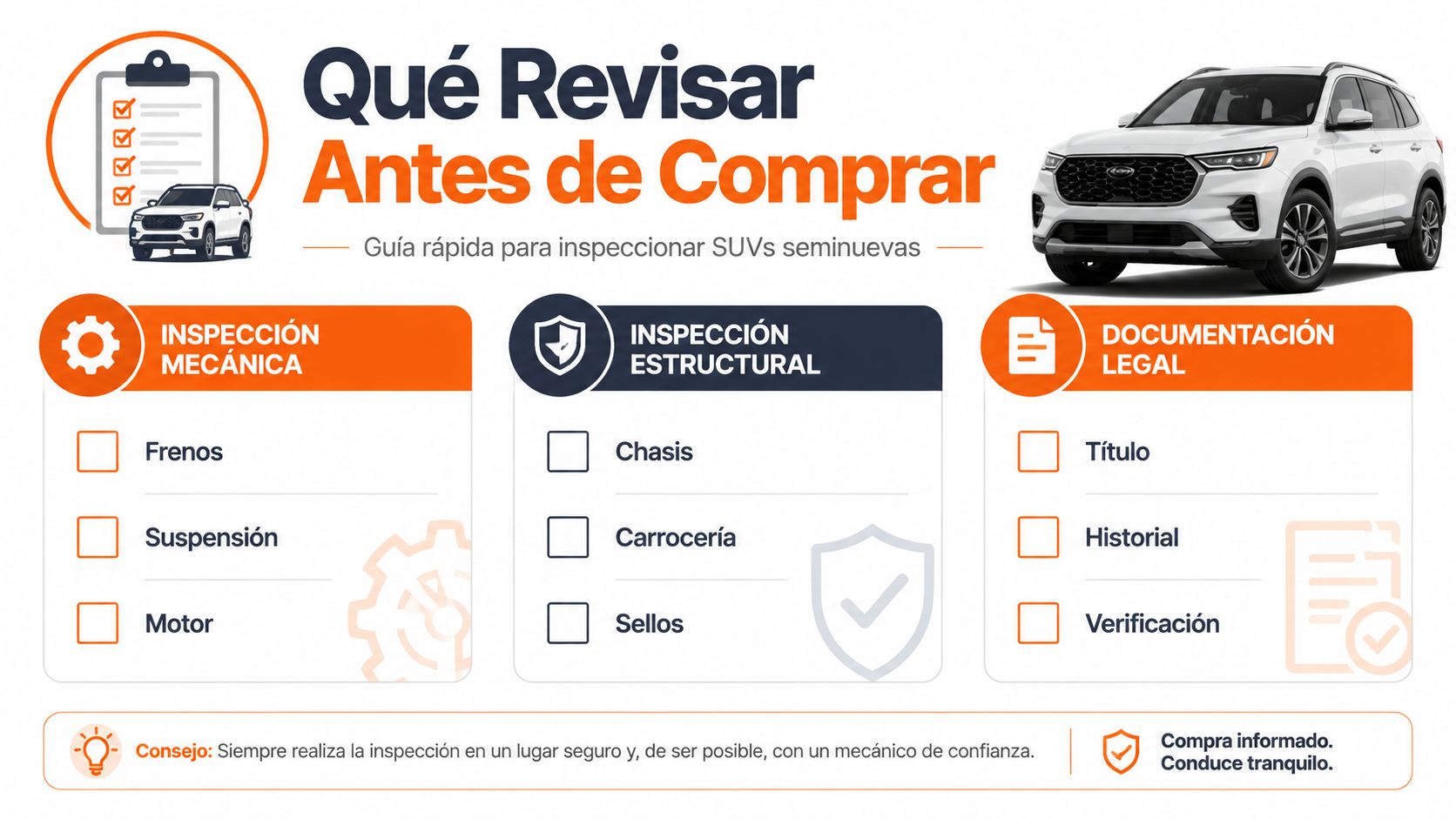 Infografía con consejos sobre qué revisar al comprar una camioneta SUV seminueva para conducir con tranquilidad.