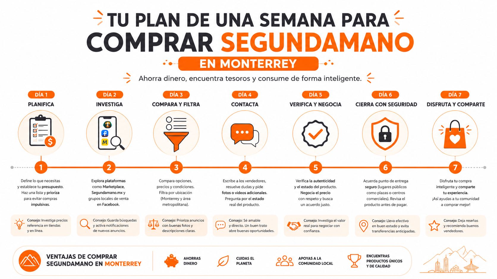 Infografía con un plan de siete días para comprar artículos de segunda mano de forma inteligente en Monterrey.