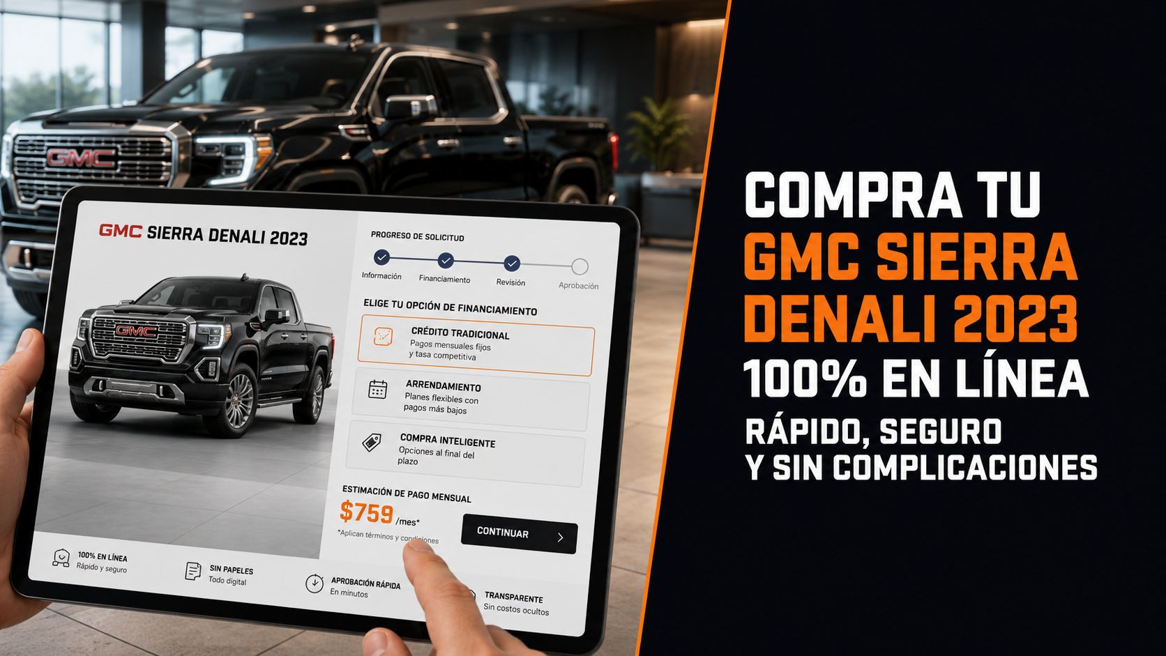 Una persona usa una tablet para configurar la compra en línea de una camioneta GMC Sierra Denali 2023.