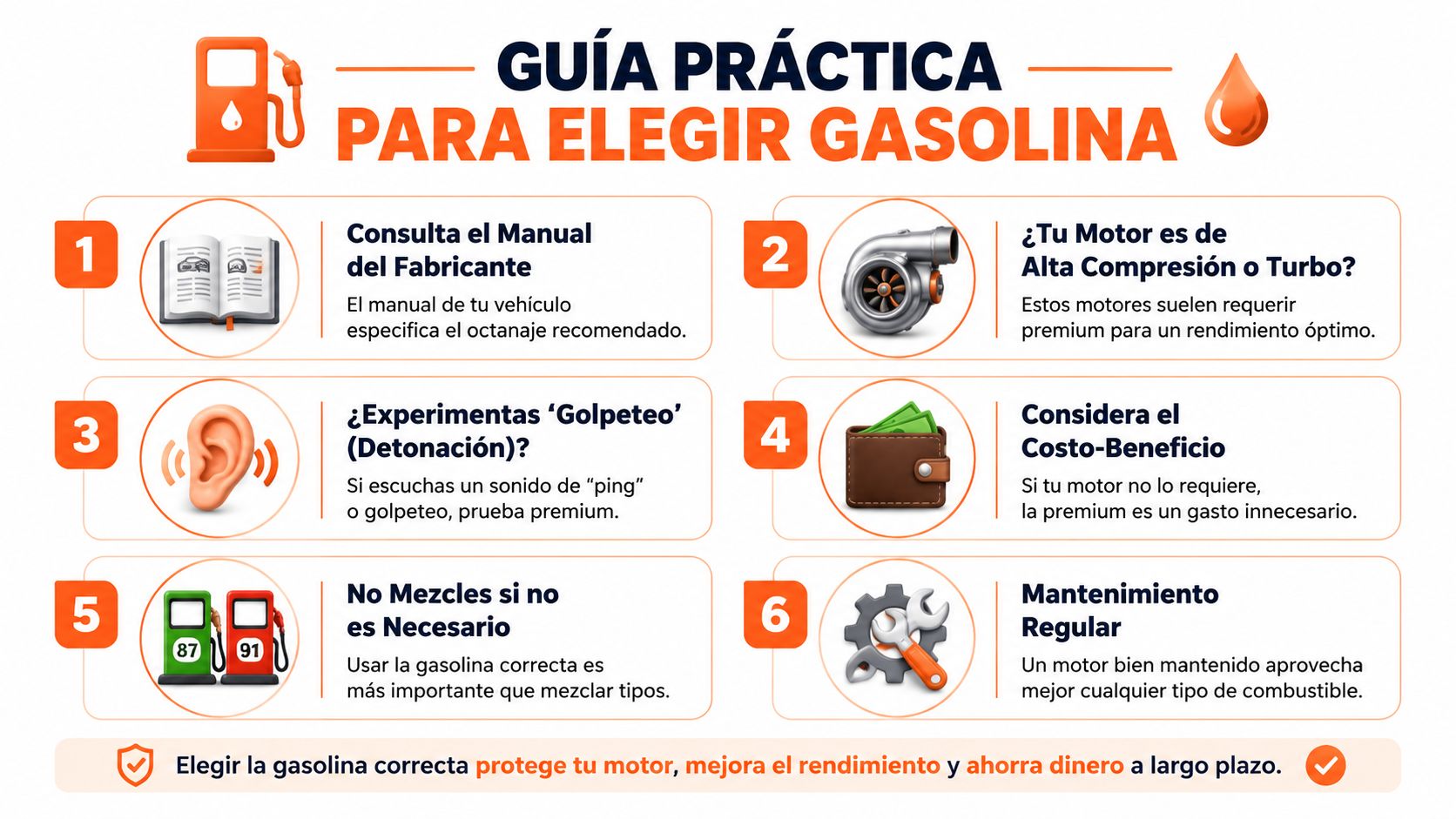 Guía práctica con seis consejos útiles para elegir correctamente el tipo de gasolina para tu automóvil.