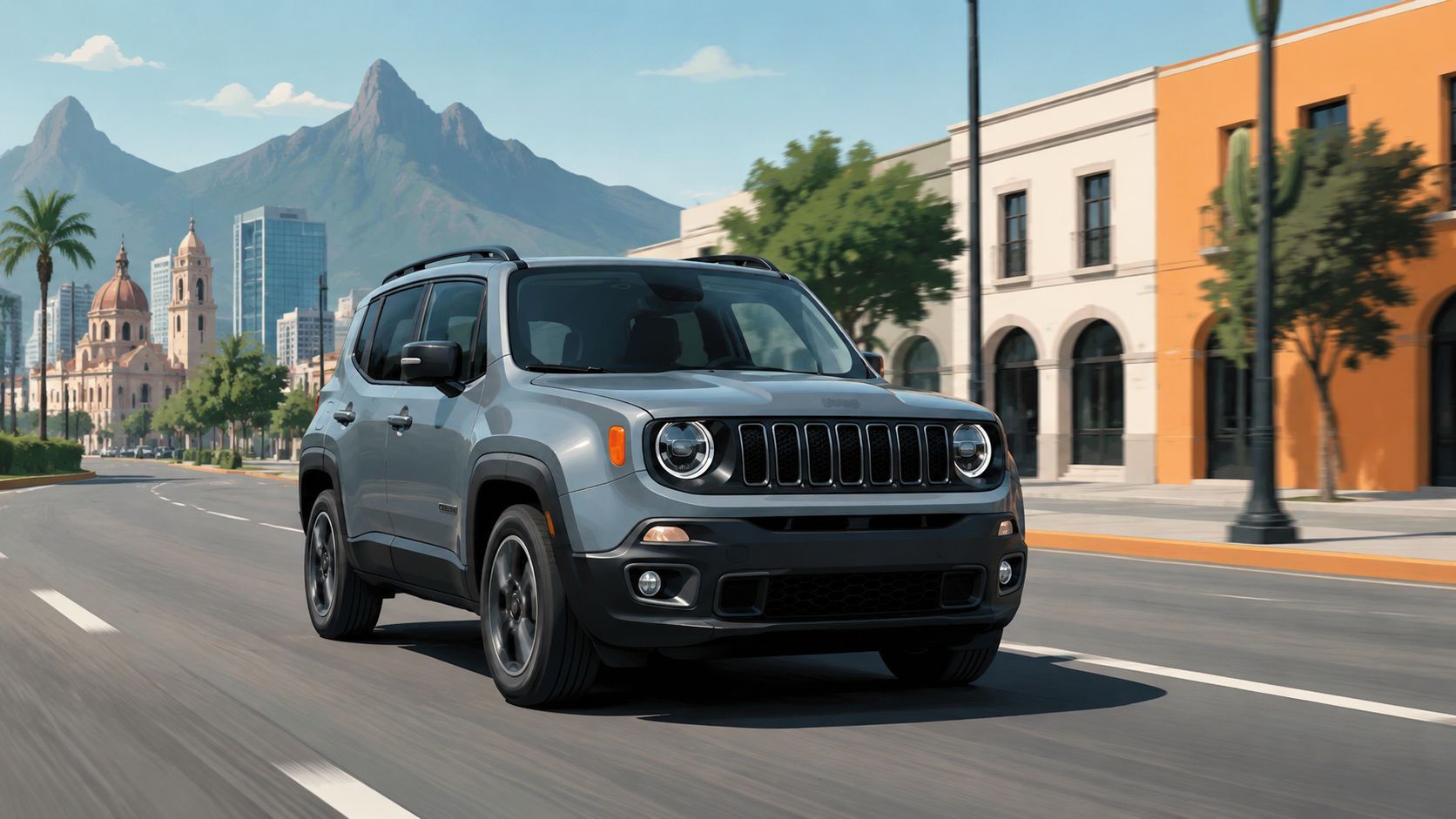Un Jeep Renegade gris conduciendo por una calle urbana con montañas y edificios al fondo durante el día.