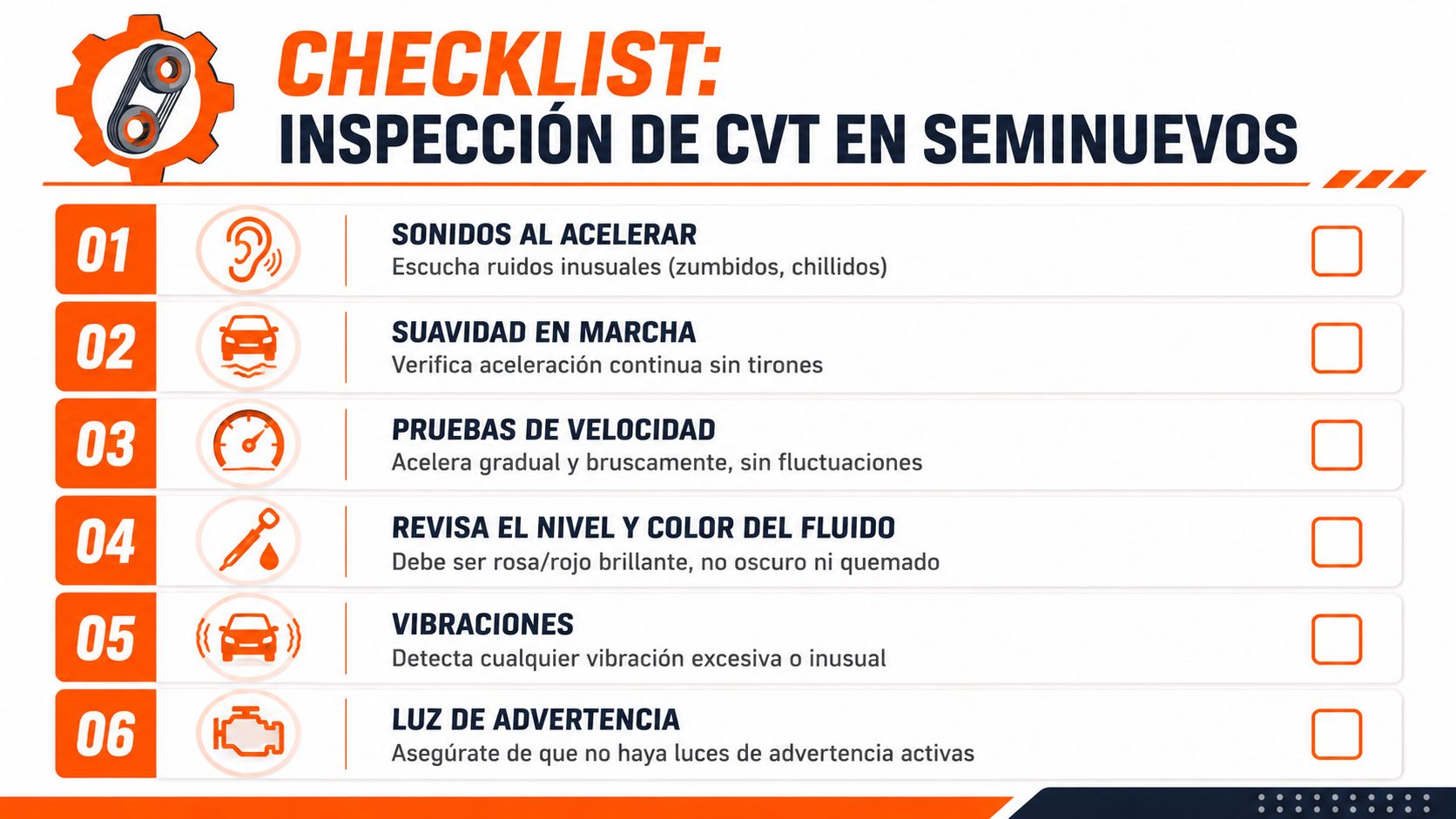 Lista de verificación para la inspección del sistema de transmisión CVT en vehículos usados, detallando seis puntos clave.