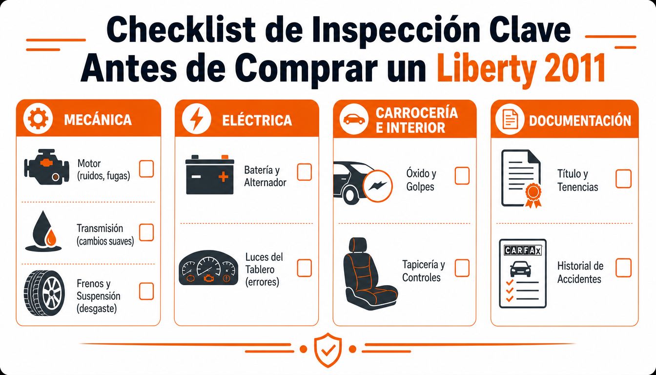 Lista de verificación para la inspección de un vehículo Jeep Liberty 2011 antes de realizar su compra.