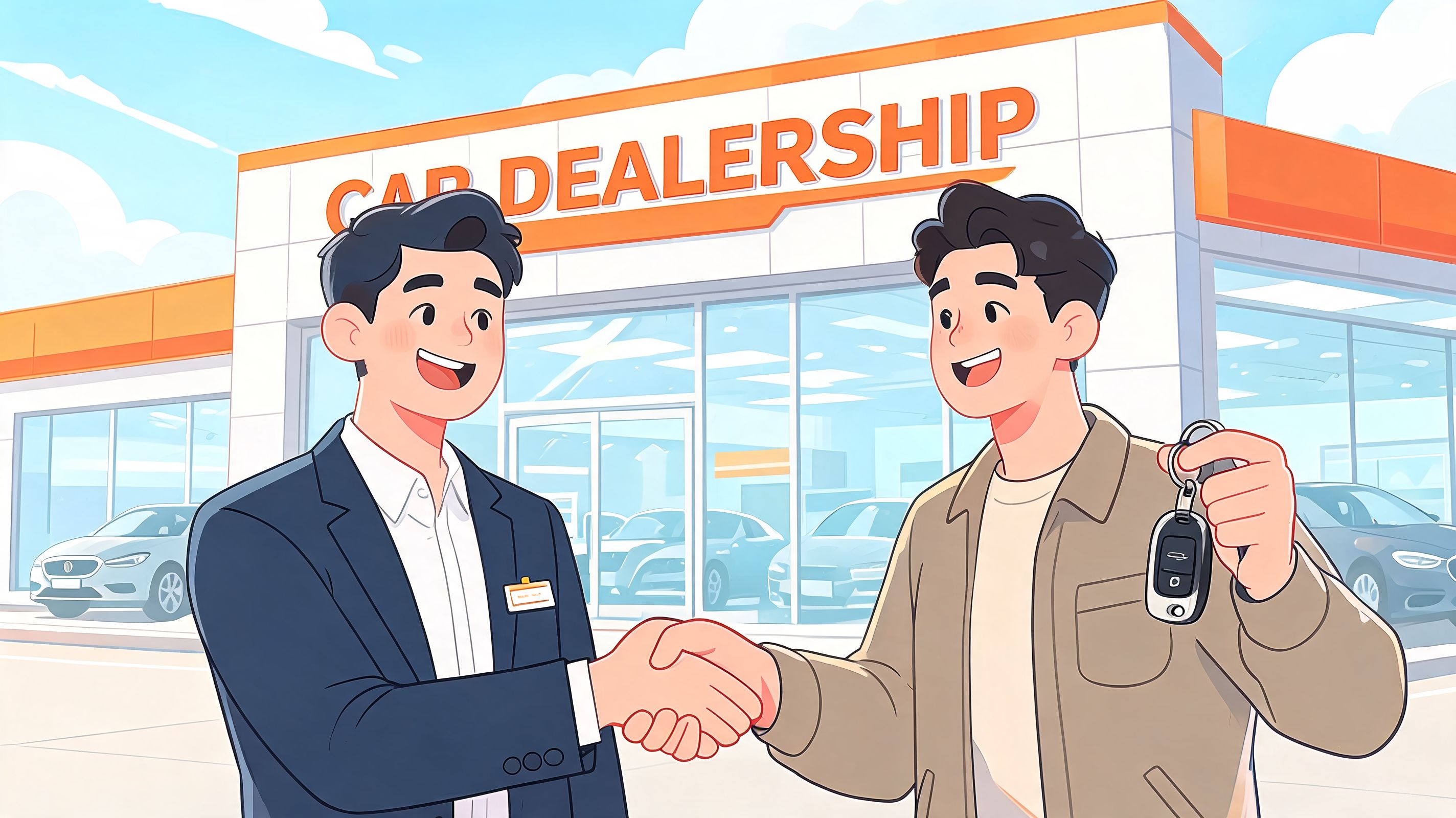 Vendedor de coches estrechando la mano a un cliente feliz que recibe las llaves de su nuevo vehículo.