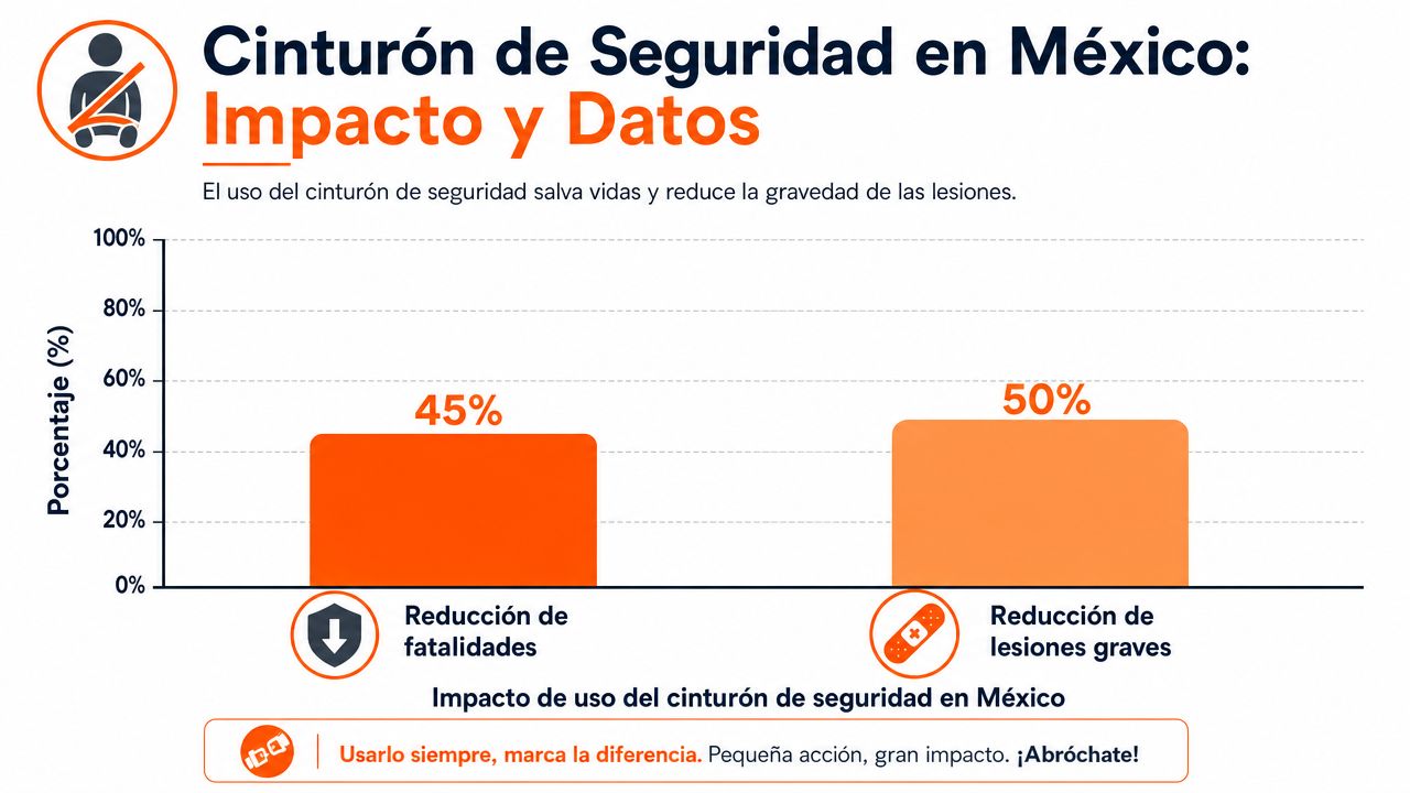 Gráfico que muestra cómo el uso del cinturón de seguridad reduce fatalidades y lesiones graves en México.