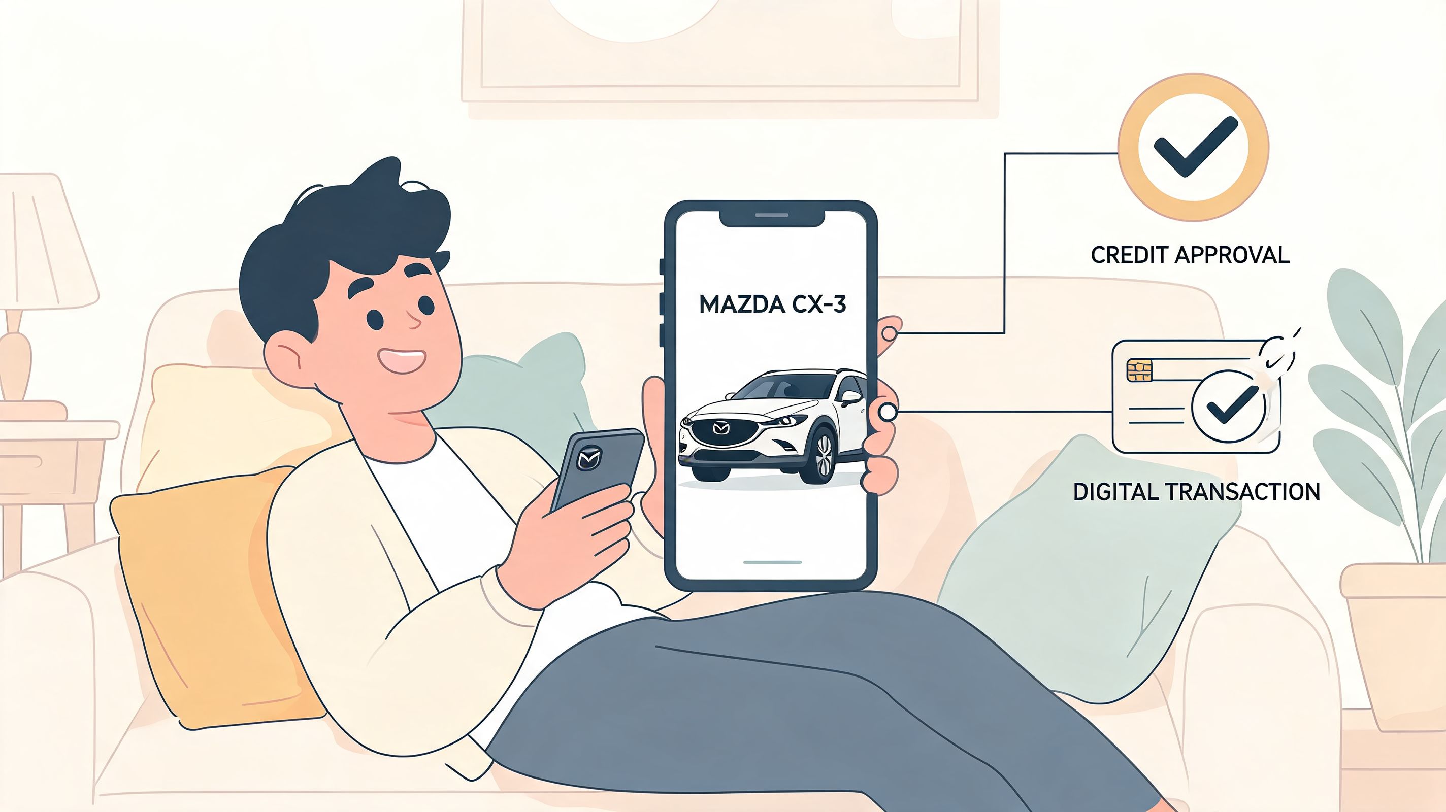 Un hombre feliz en el sofá usando su teléfono para comprar un automóvil Mazda CX-3 online.