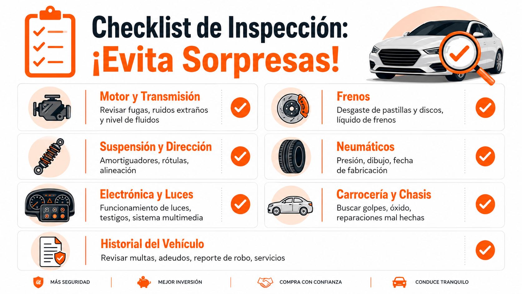 Lista de verificación para la inspección de vehículos usados para evitar sorpresas antes de realizar la compra.