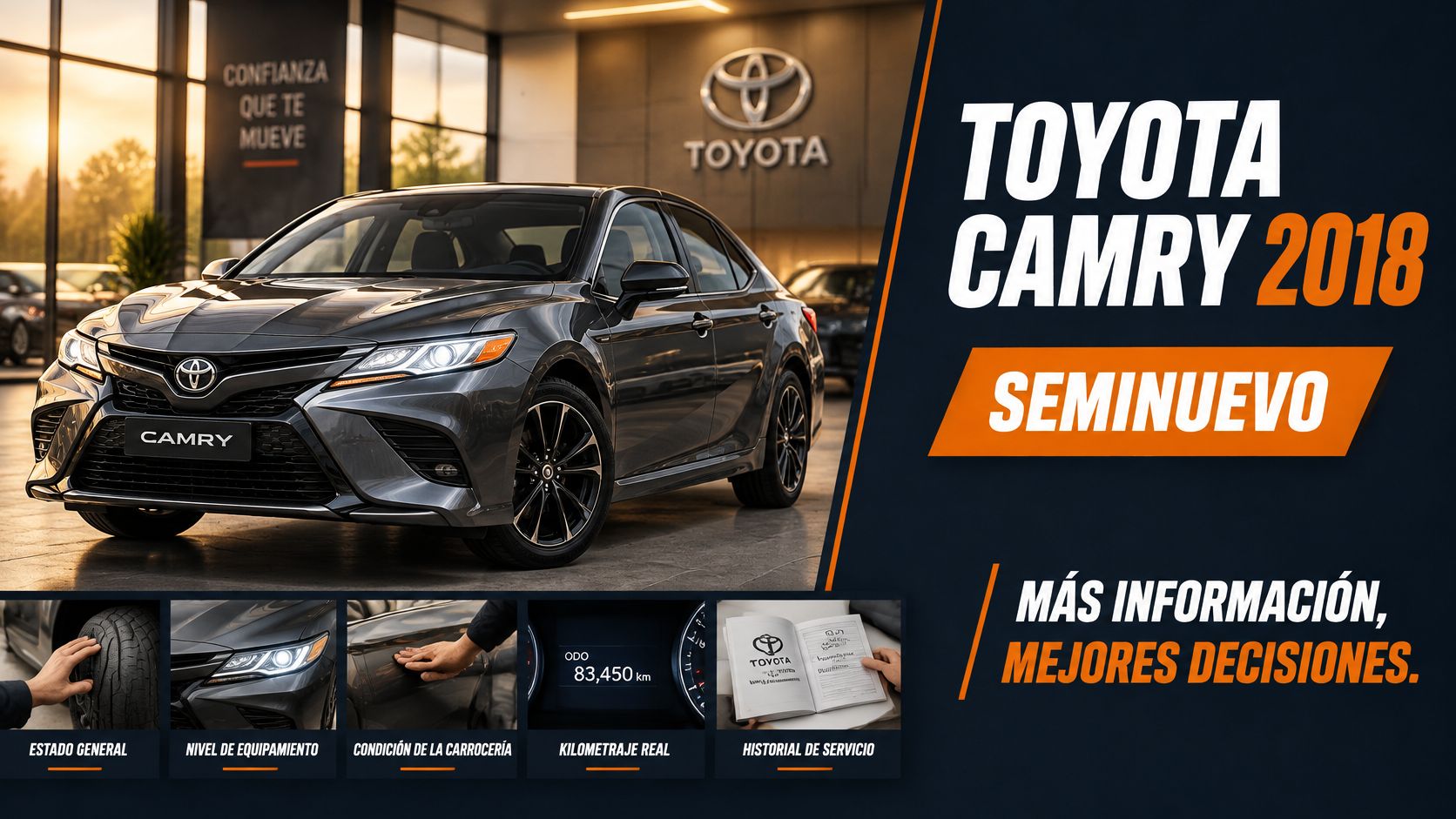 Un Toyota Camry 2018 seminuevo exhibido en una agencia, destacando su estado general y kilometraje certificado.