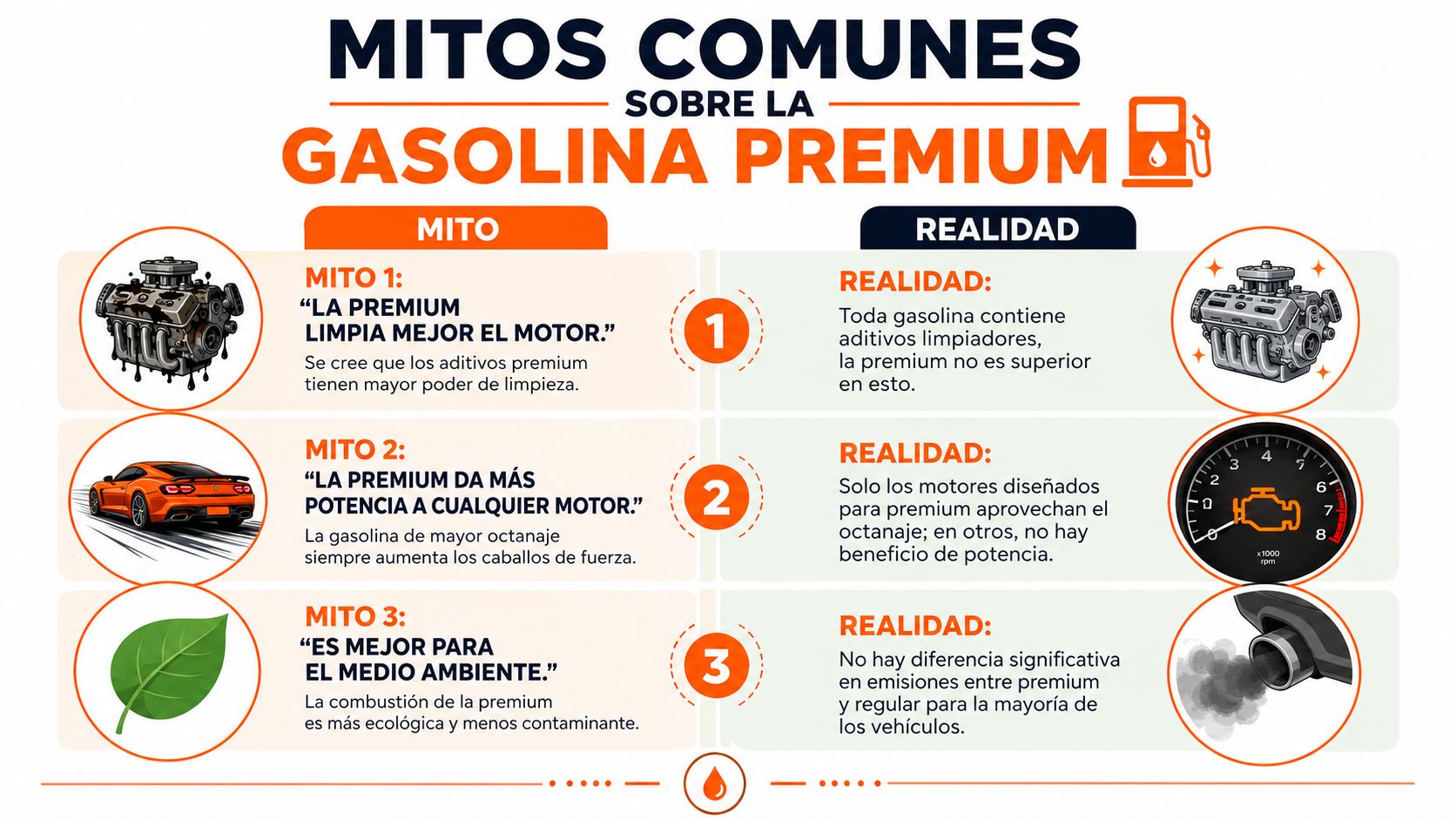 Infografía que desmiente tres mitos comunes sobre el uso y beneficios de la gasolina premium en vehículos.