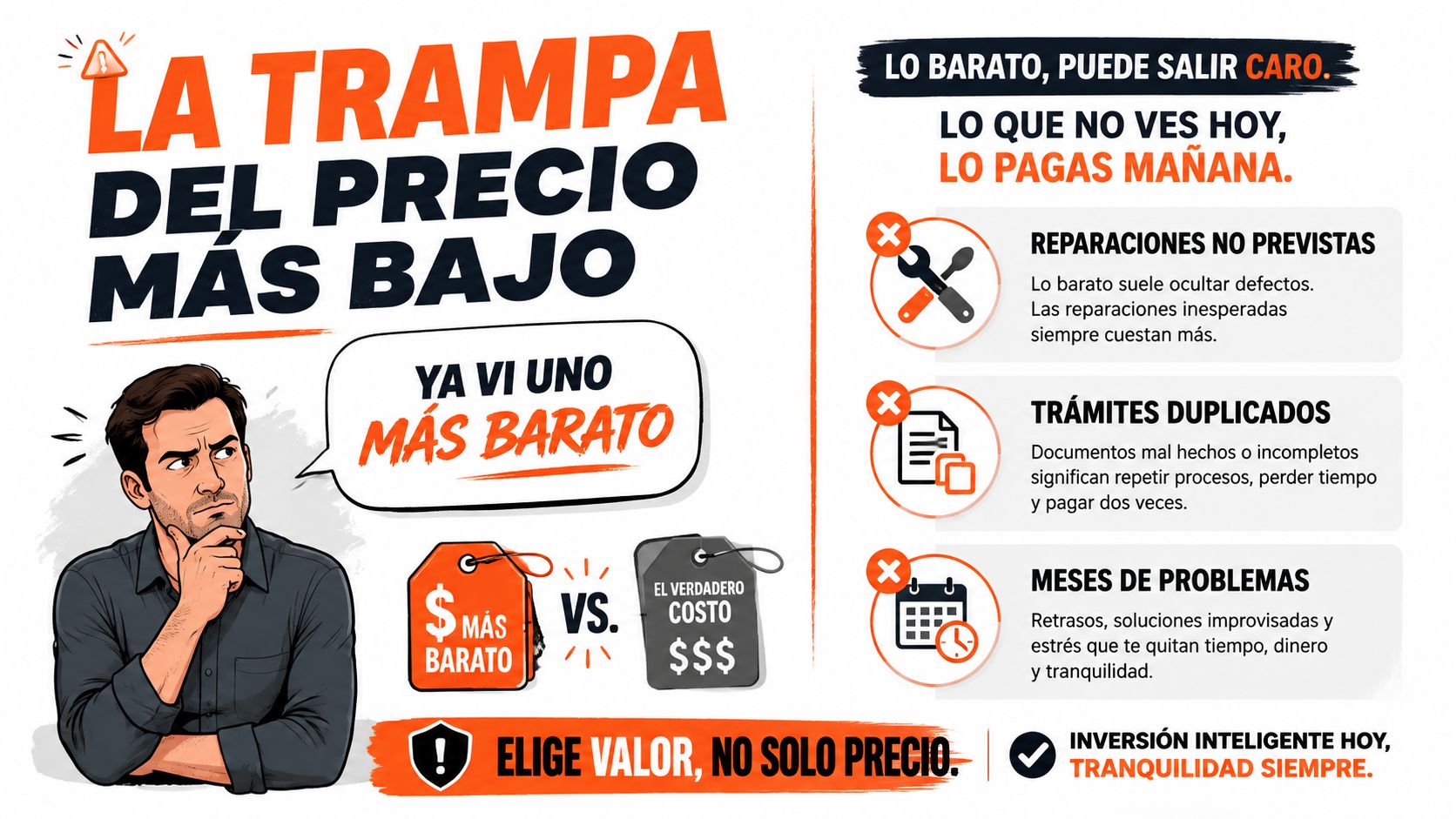 Hombre pensativo reflexionando sobre el riesgo de elegir opciones baratas frente a la calidad y el valor.