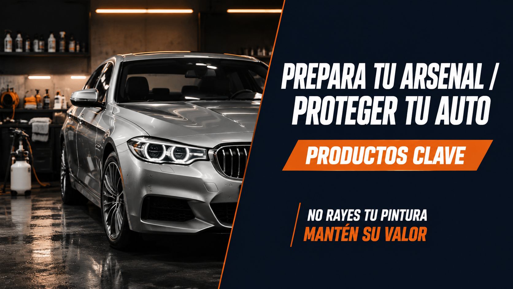 Un auto plateado de lujo estacionado en un taller de detallado automotriz profesional con productos de limpieza.