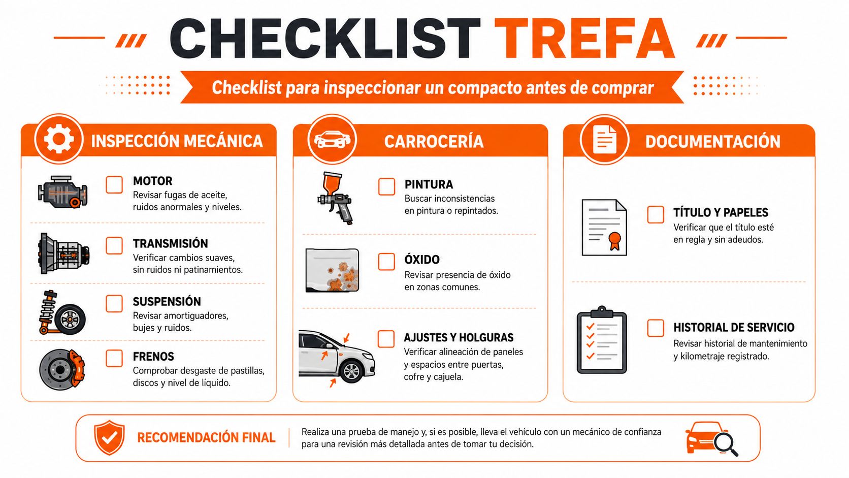 Infografía con una lista de verificación esencial para inspeccionar vehículos compactos usados antes de realizar su compra.