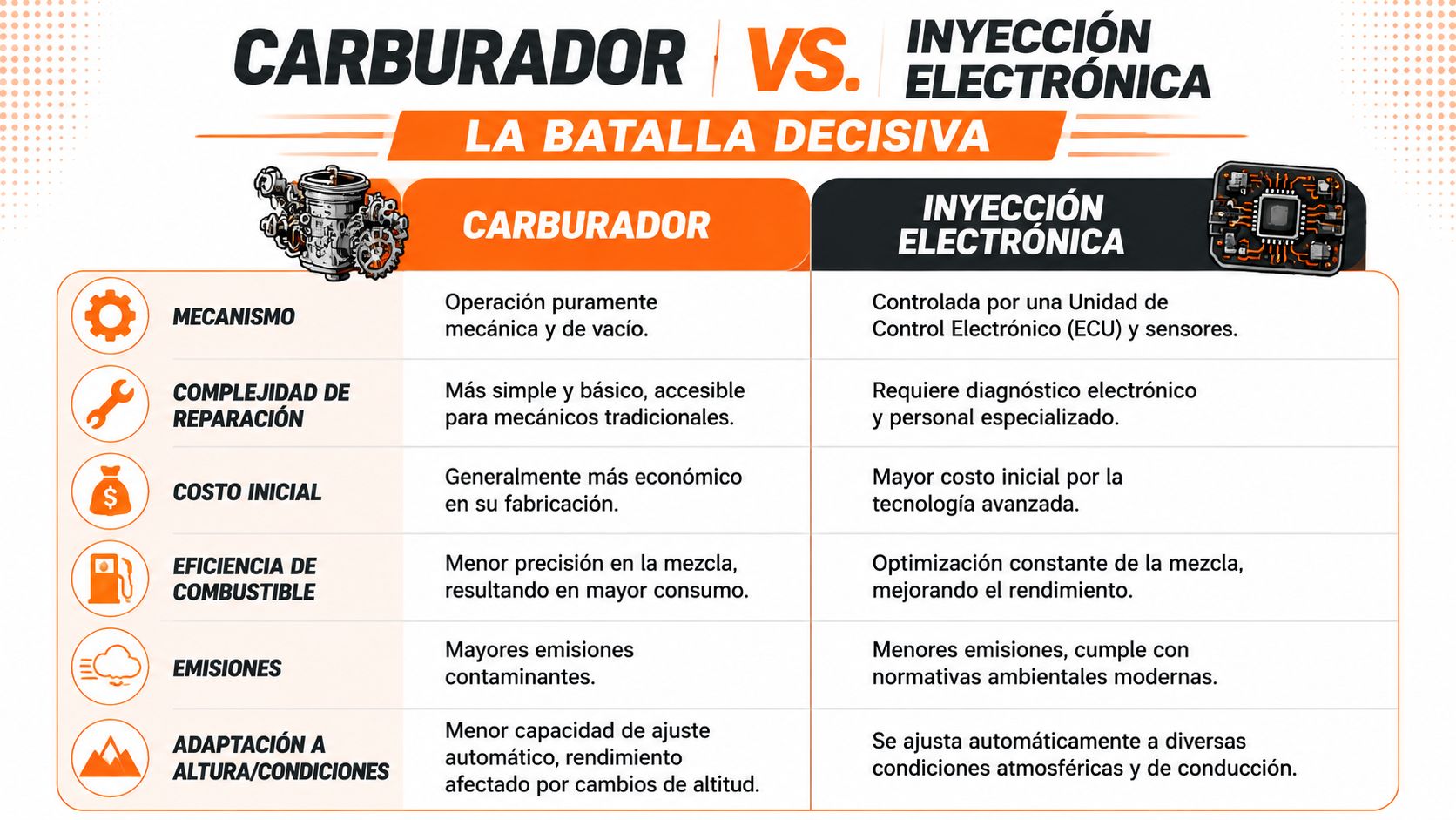 Comparativa entre carburador y sistema de inyección electrónica detallando sus diferencias técnicas, eficiencia, reparaciones y costos asociados.