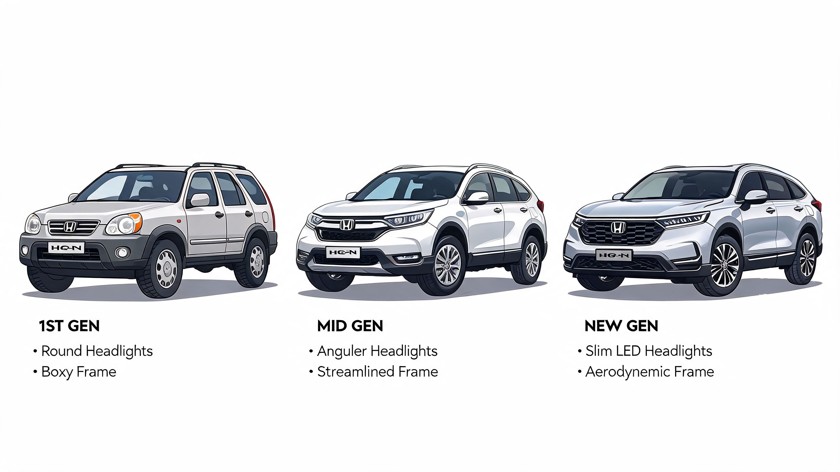 Ilustración que muestra la evolución del diseño de la camioneta Honda CR-V a través de tres generaciones.