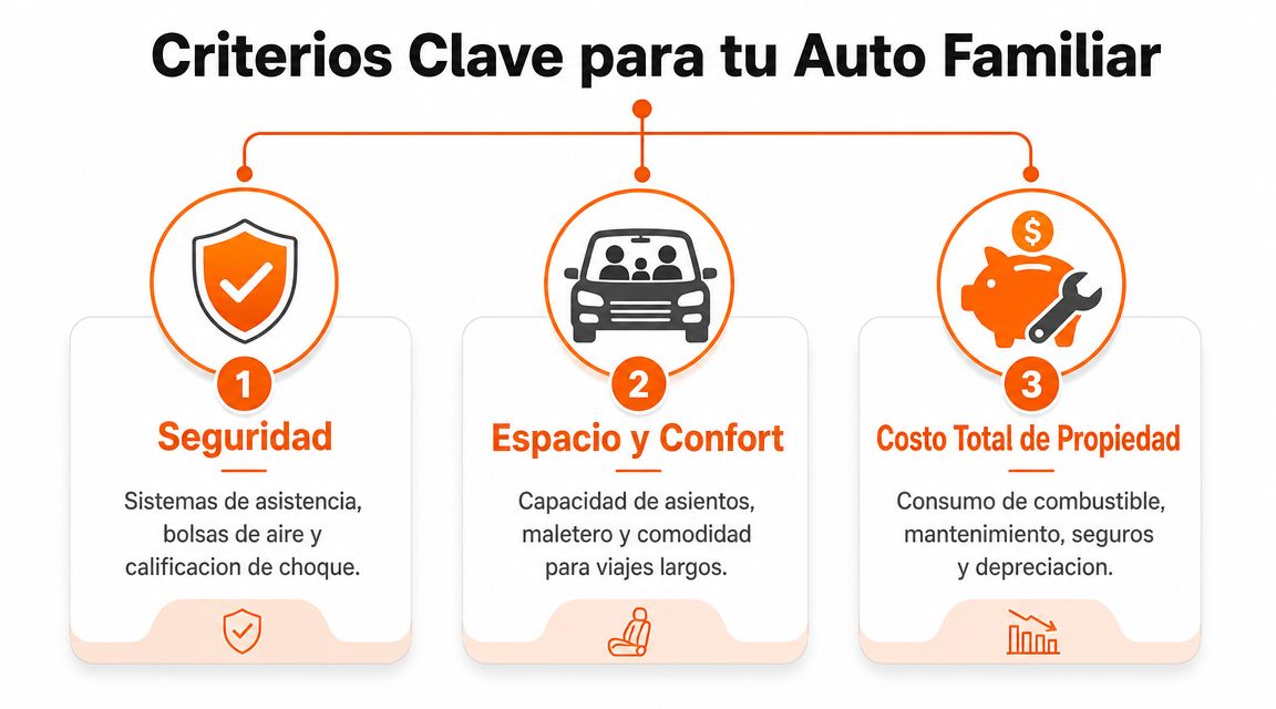 Infografía sobre los tres criterios principales para elegir un auto familiar: seguridad, espacio y costo total.