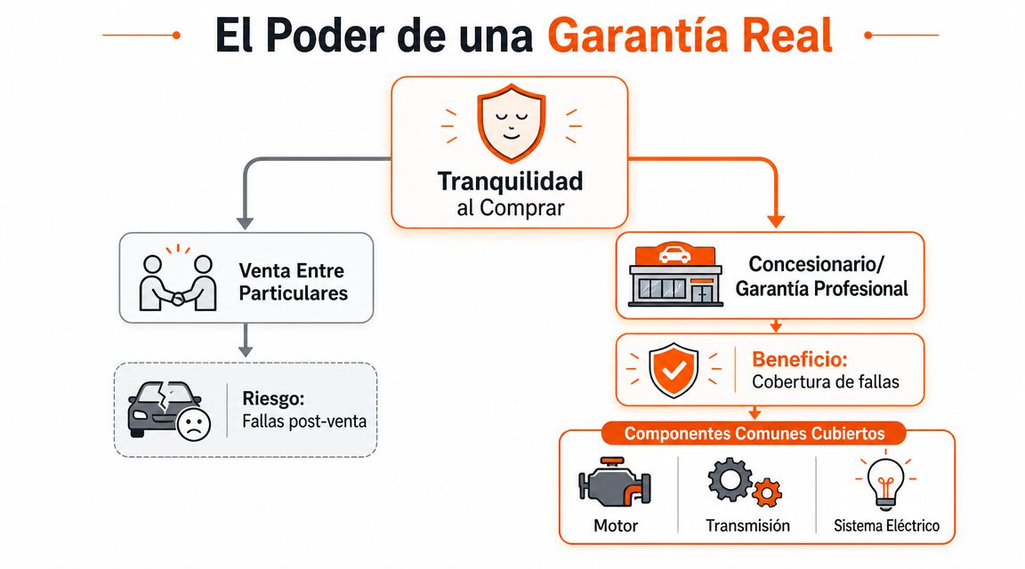 Diagrama comparativo sobre los beneficios de comprar autos seminuevos con garantía frente a ventas entre particulares.