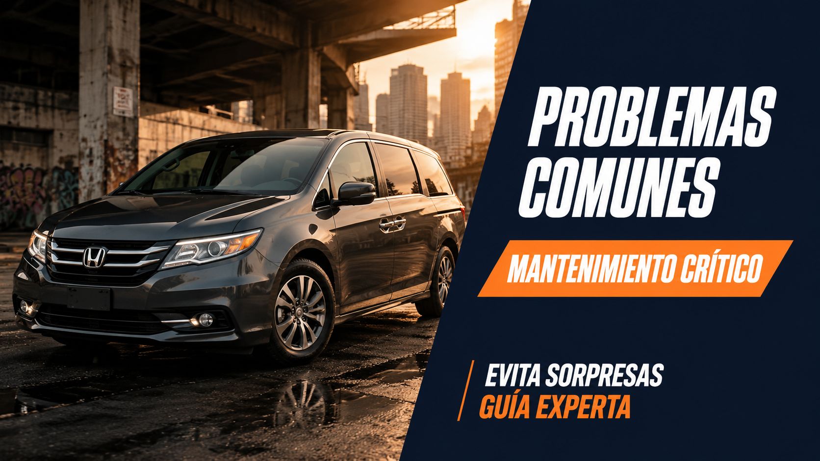 Una minivan Honda Odyssey estacionada en un entorno urbano con texto promocional sobre mantenimiento y problemas comunes.