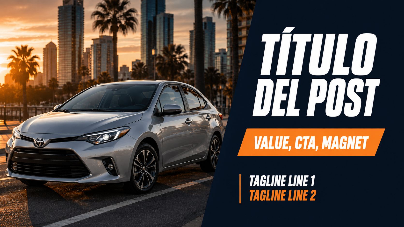 Un coche Toyota plateado estacionado en una ciudad al atardecer con espacio para texto promocional.