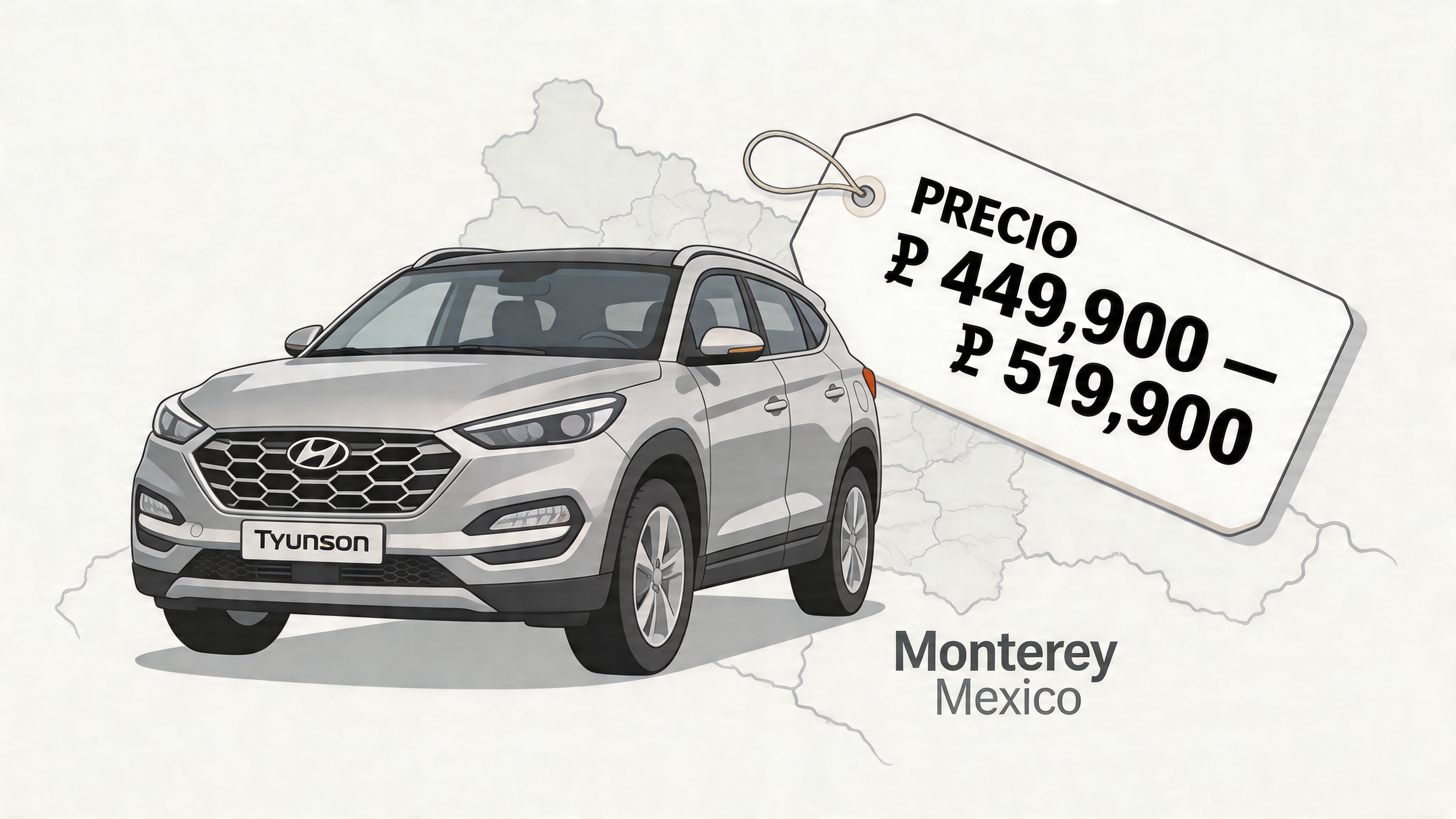Ilustración de una camioneta Hyundai Tucson gris con una etiqueta de precio en la ciudad de Monterrey.