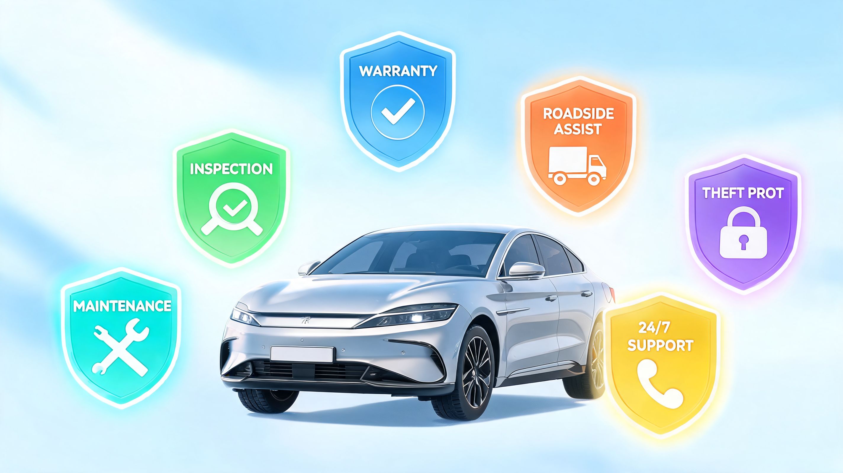 Un coche plateado moderno rodeado por iconos de servicios de garantía, mantenimiento, inspección, asistencia y protección.