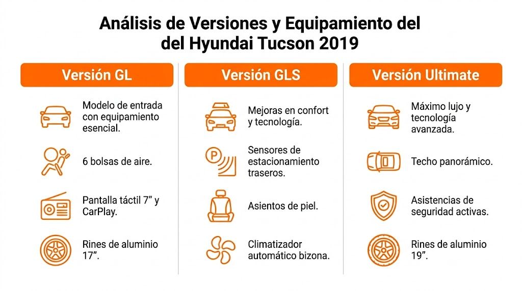 Tabla comparativa de las versiones GL, GLS y Ultimate del Hyundai Tucson 2019 con su equipamiento principal.