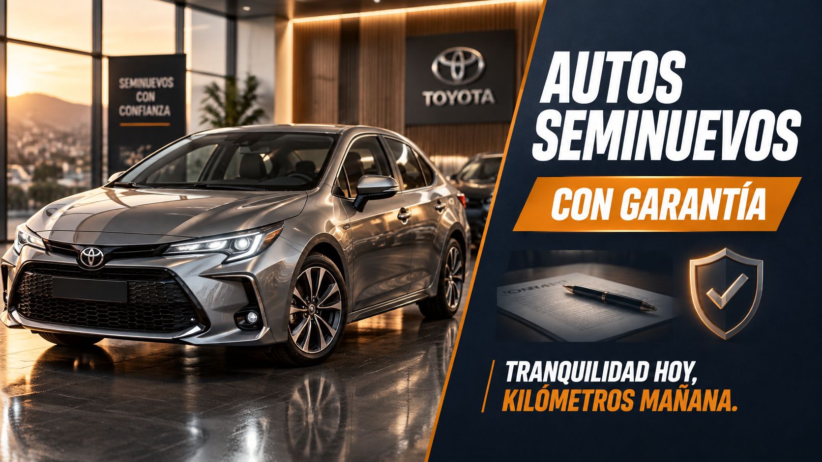 Un elegante coche Toyota plateado exhibido en un concesionario bajo el concepto de autos seminuevos con garantía.