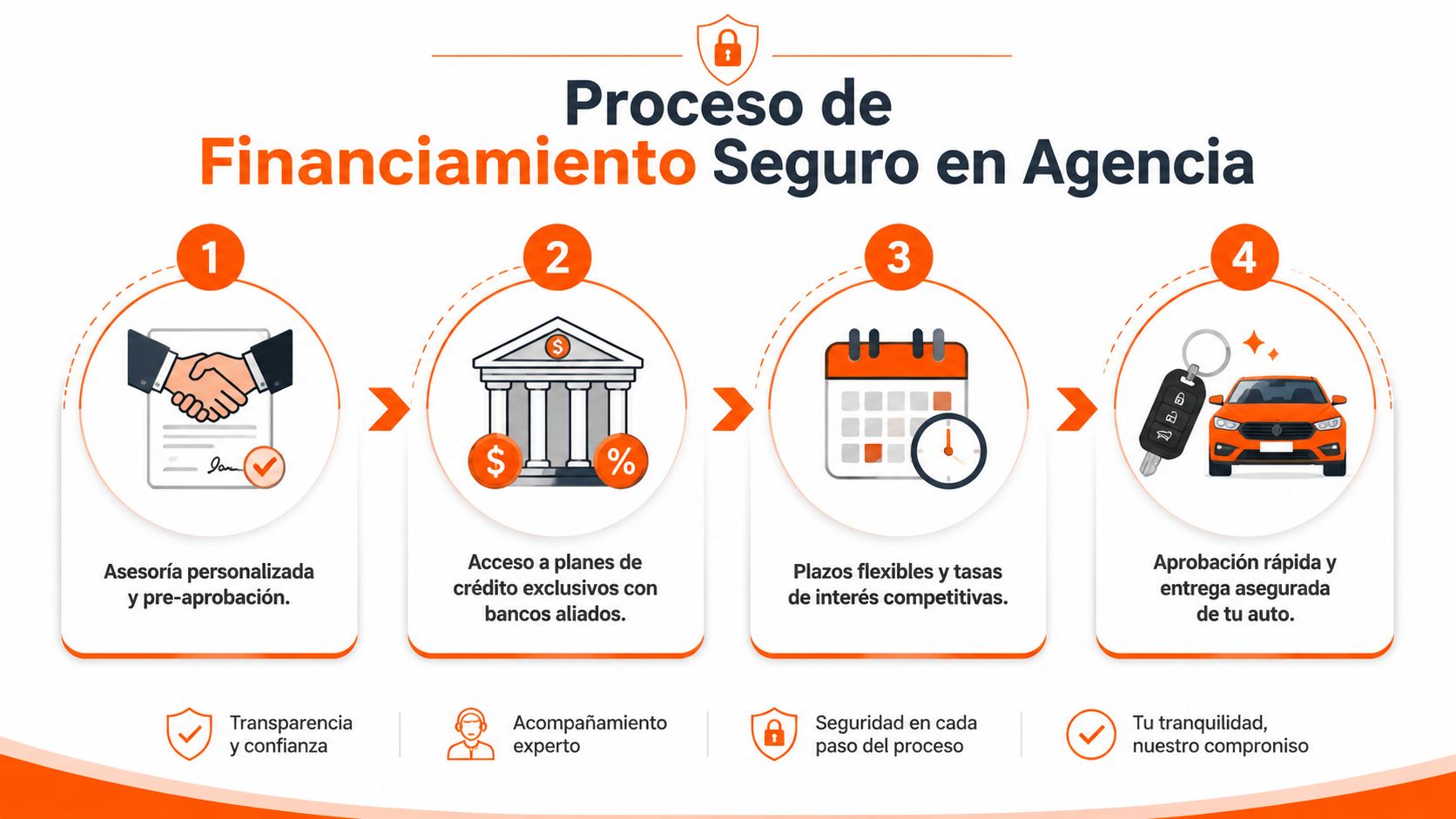Infografía del proceso de financiamiento seguro para la compra de un automóvil en agencias oficiales.
