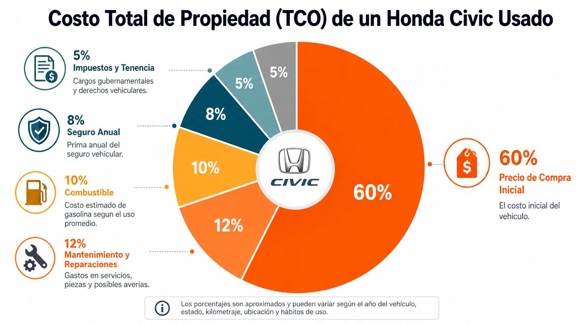 Gráfico circular detallando el costo total de propiedad de un Honda Civic usado distribuido por categorías.