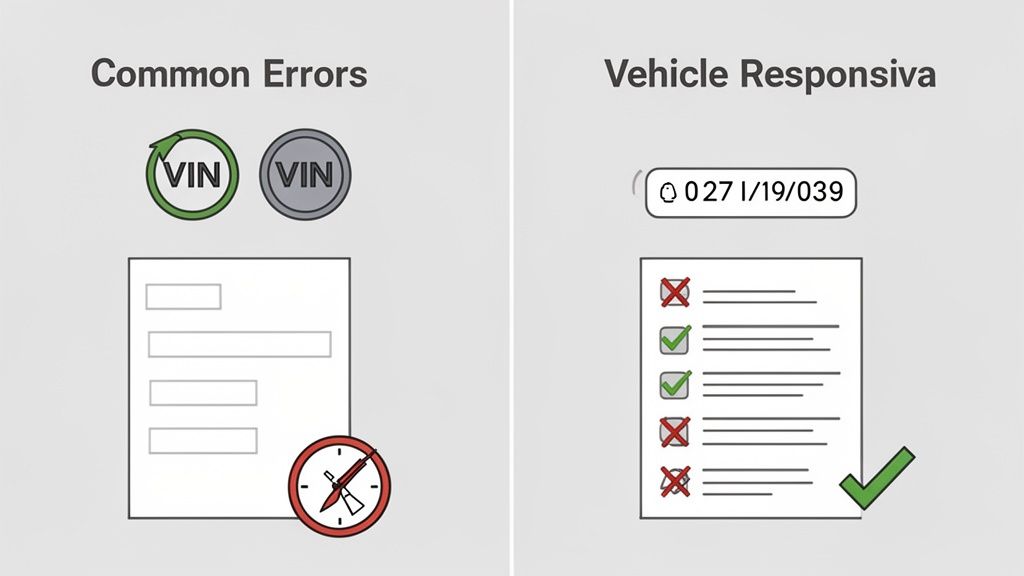 Imagen que compara errores comunes (VIN y formulario con reloj) con una lista de verificación de vehículo completada.