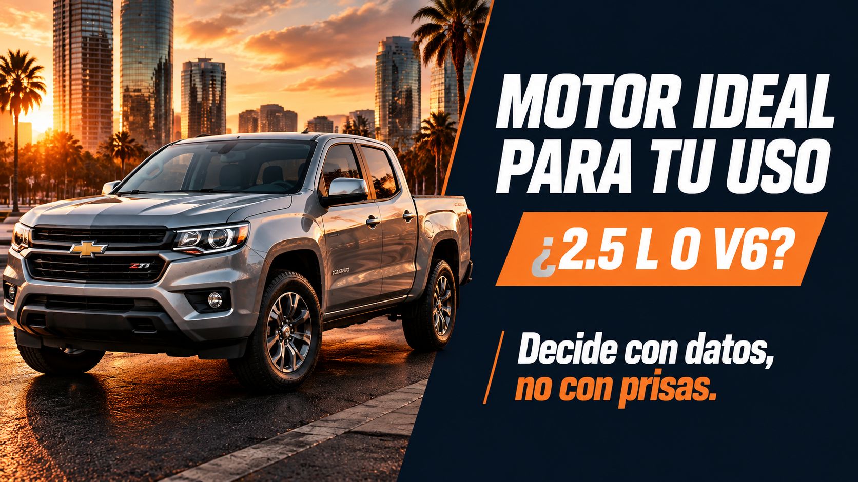 Una camioneta Chevrolet Colorado plateada estacionada frente a un paisaje urbano al atardecer, anunciando elegir motor ideal.