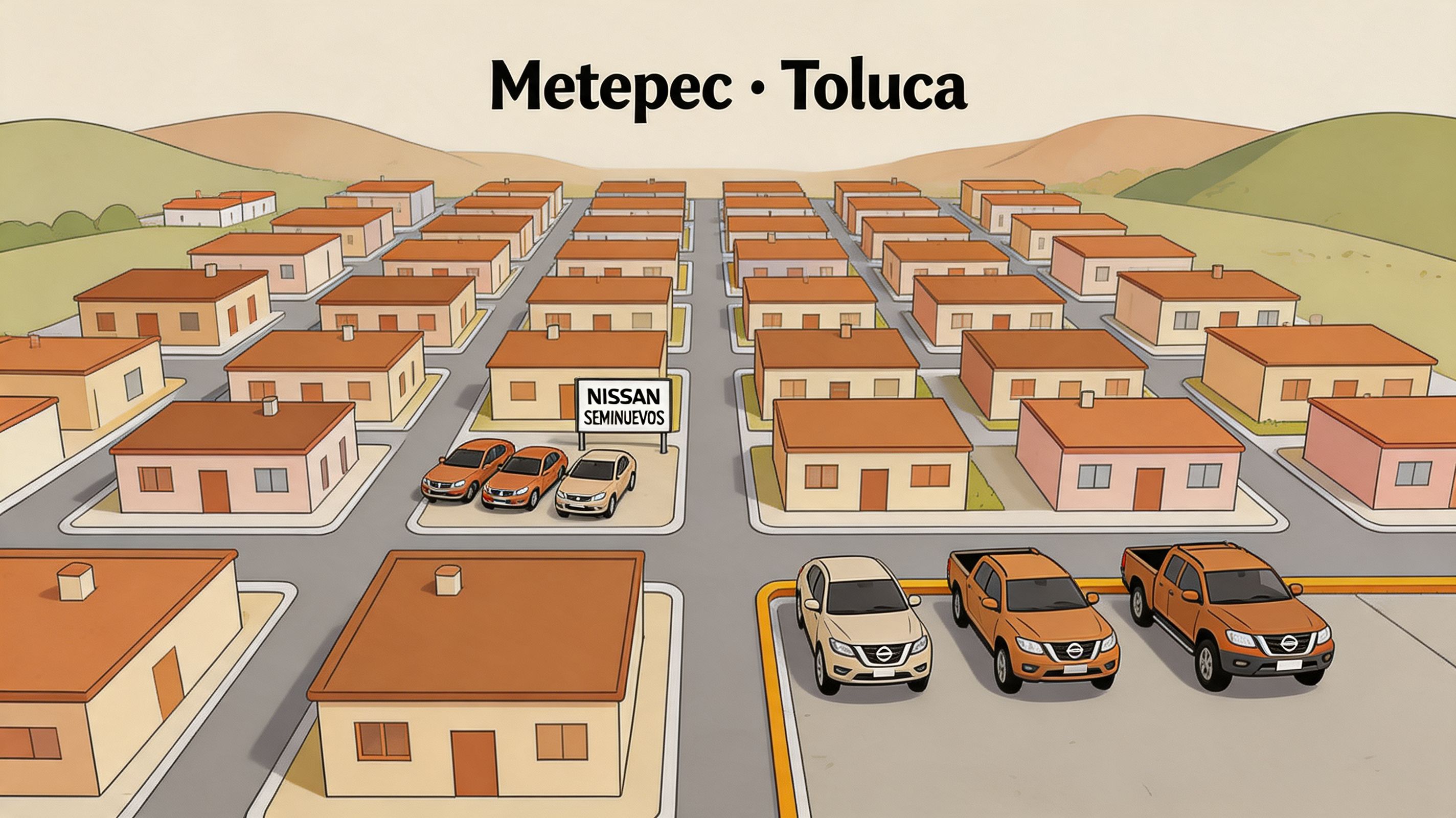 Una ilustración de un vecindario con casas y varios automóviles Nissan seminuevos estacionados en la calle.