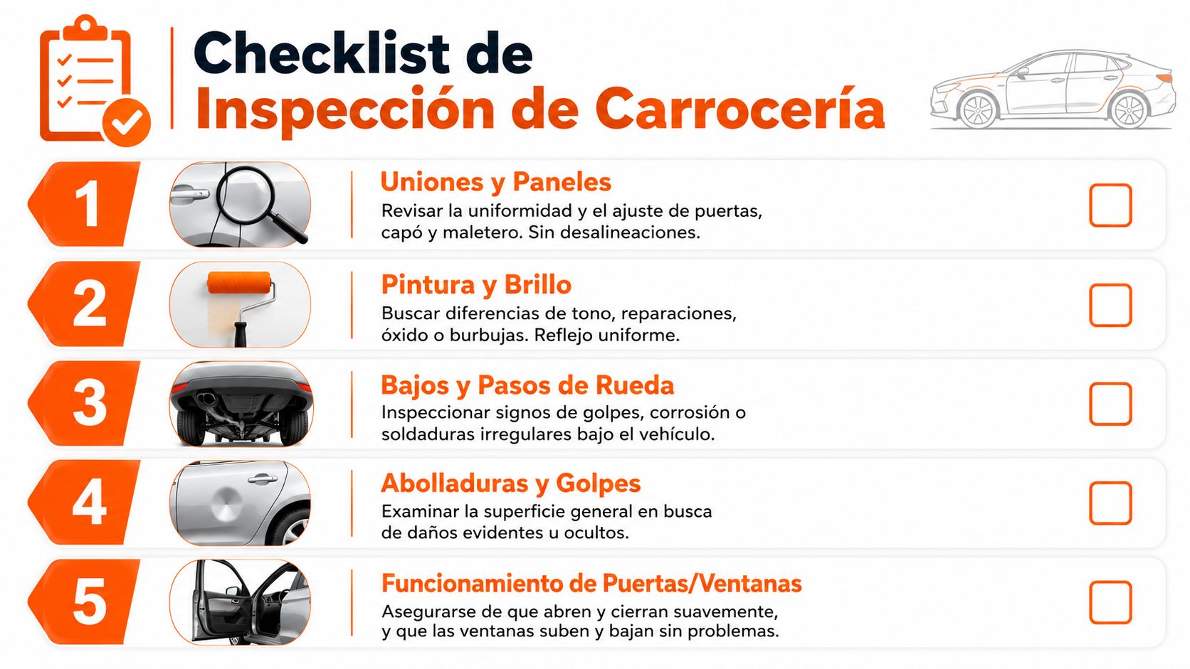 Lista de verificación para la inspección de carrocería automotriz detallando cinco puntos clave de revisión externa.