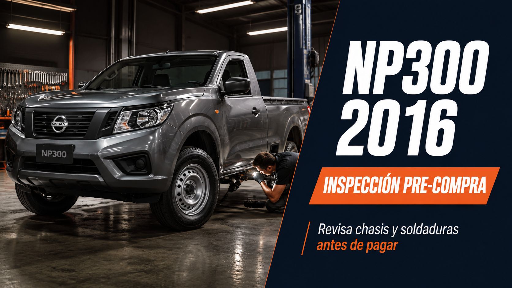 Una camioneta Nissan NP300 gris siendo inspeccionada profesionalmente por debajo en un taller mecánico.