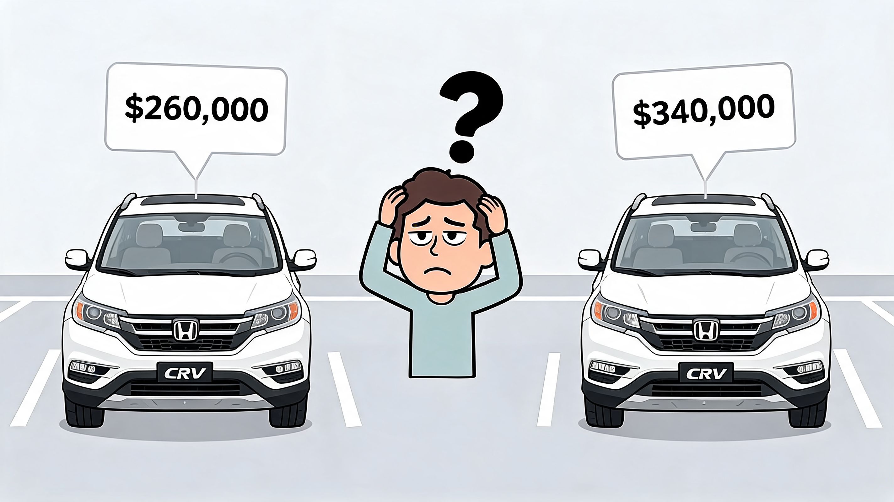 Una persona confusa frente a dos vehículos Honda CR-V con precios diferentes en un estacionamiento.