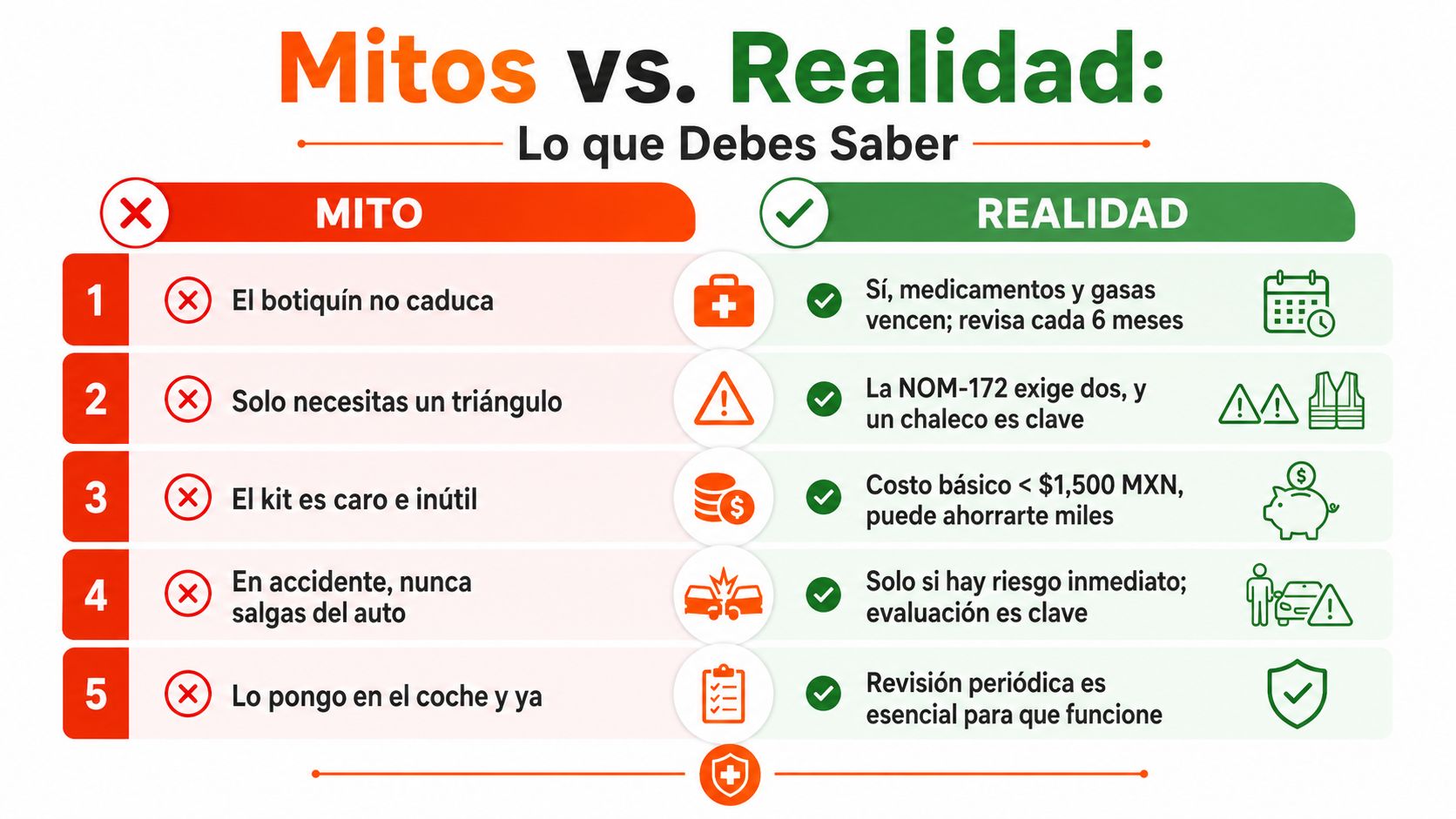 Infografía comparativa sobre mitos y realidades de los kits de seguridad vial para automóviles en México.