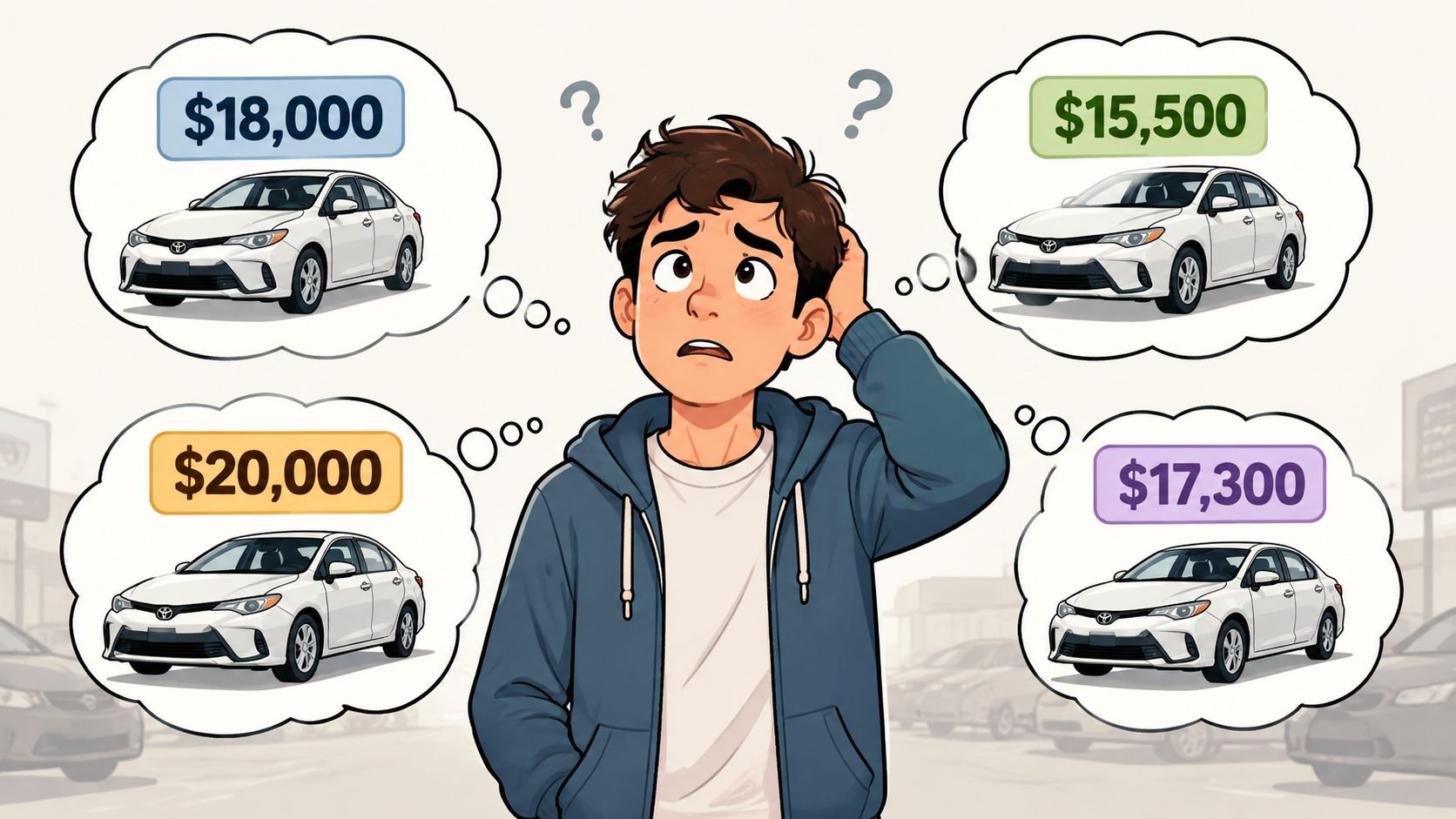 Un joven pensativo indeciso sobre la compra de un automóvil Toyota Corolla con diferentes precios en sus pensamientos.