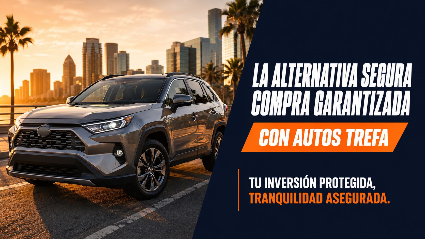 Una camioneta gris estacionada en una ciudad durante el atardecer, promocionando los servicios de Autos Trefa.