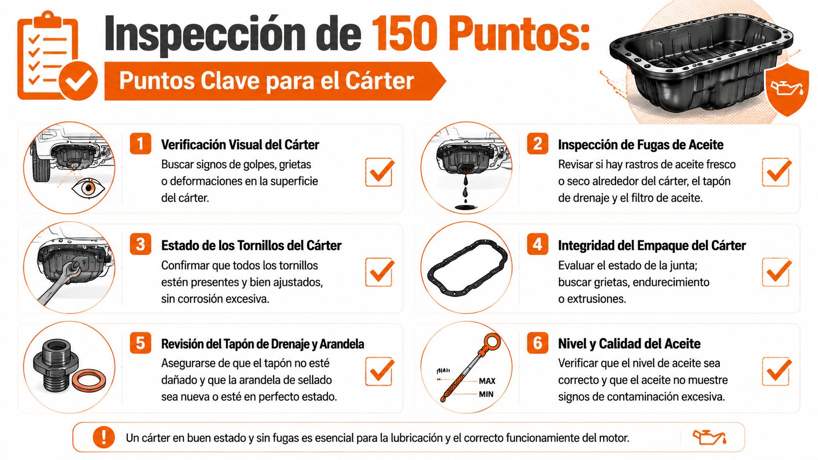 Infografía técnica que detalla seis pasos esenciales para la inspección y mantenimiento del cárter de aceite automotriz.