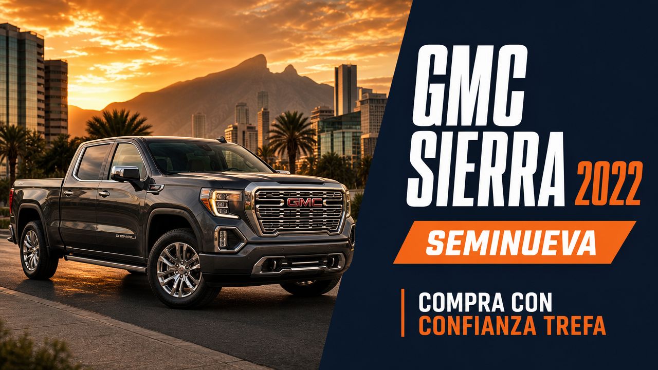 Una camioneta GMC Sierra 2022 color gris estacionada en una ciudad durante el atardecer brillante.