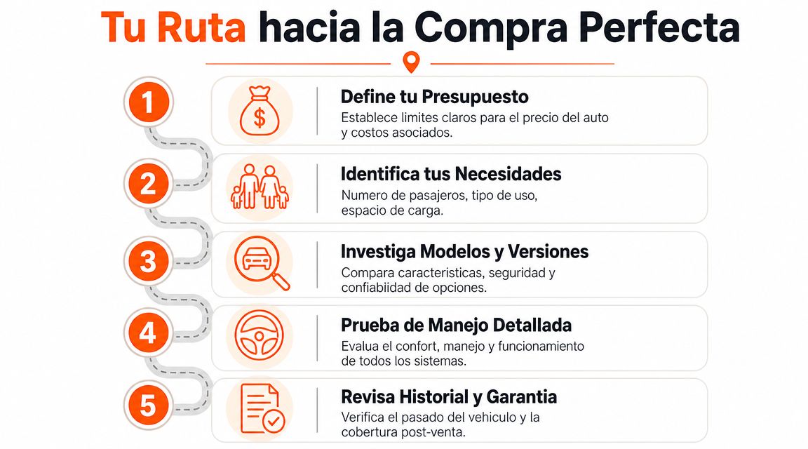 Infografía con cinco pasos numerados para realizar una compra inteligente de un vehículo usado.