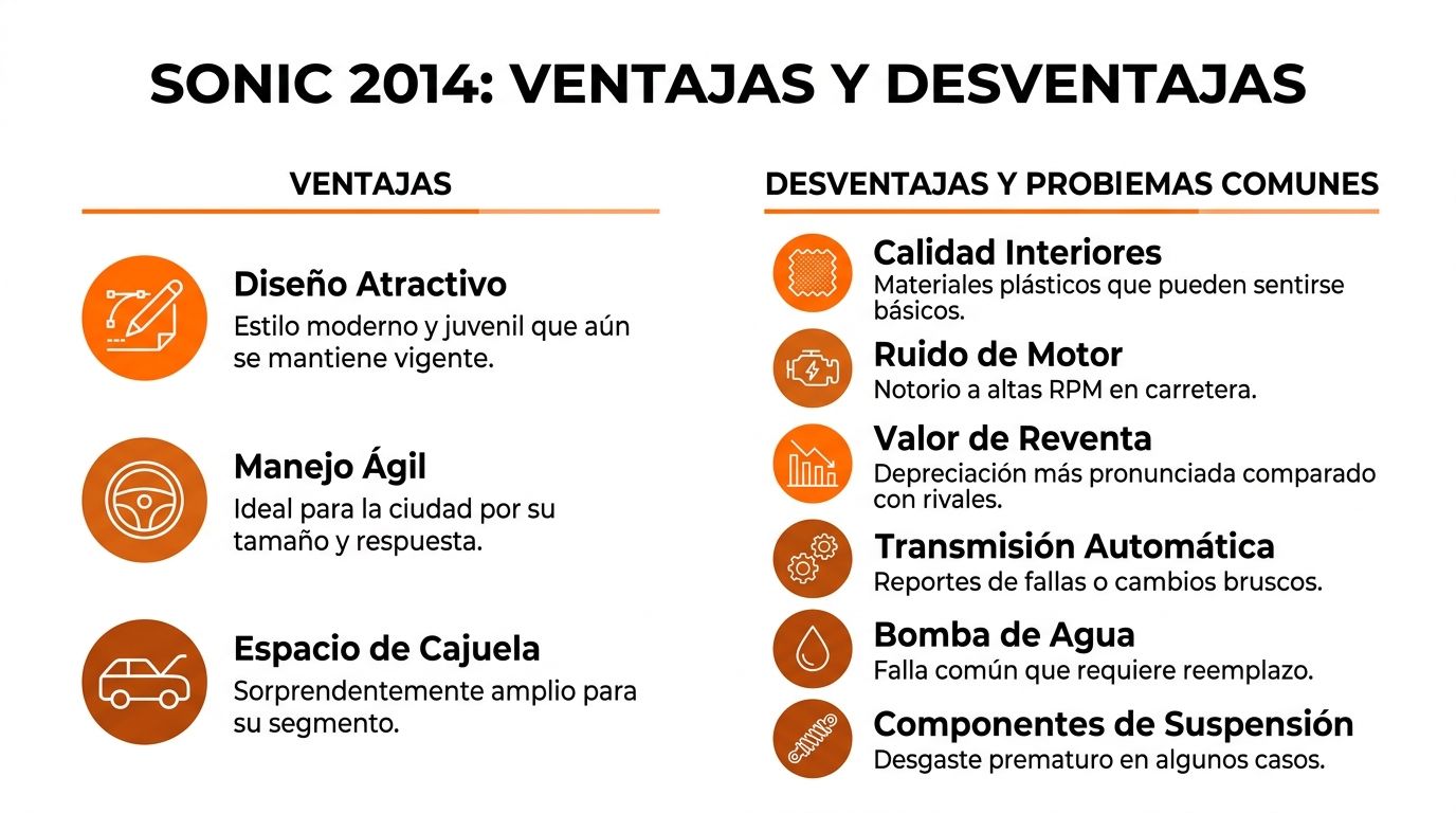 Tabla comparativa de ventajas y desventajas del Chevrolet Sonic 2014 para compradores de autos usados.