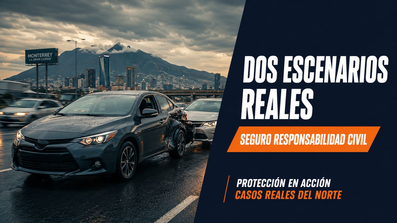 Coche accidentado circulando en una carretera con un paisaje urbano de fondo bajo un cielo nublado.
