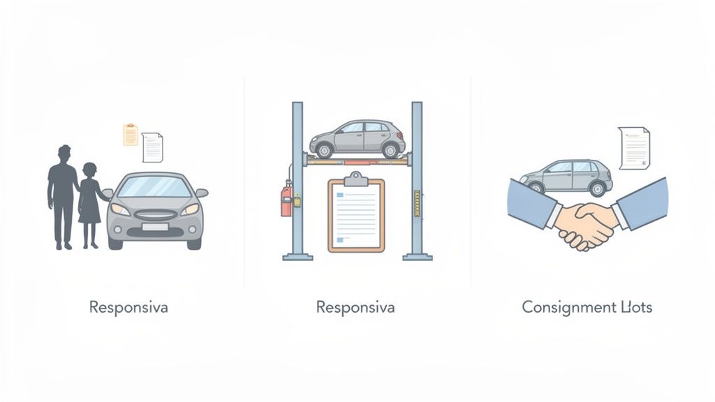 Ilustraciones de trámites de coche: pareja con documentos, vehículo en revisión, y acuerdo de traspaso. Resalta responsiva y consignación.