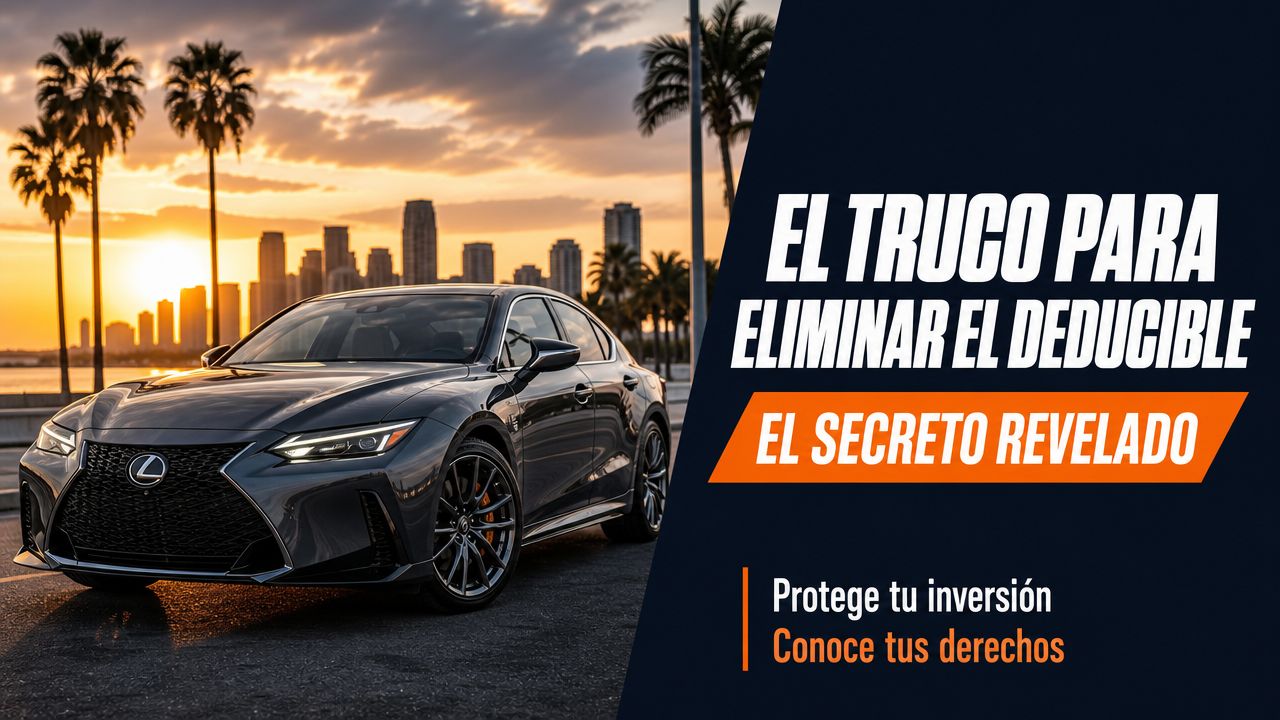 Un lujoso auto Lexus estacionado frente a un horizonte urbano al atardecer, promocionando consejos sobre seguros automotrices.